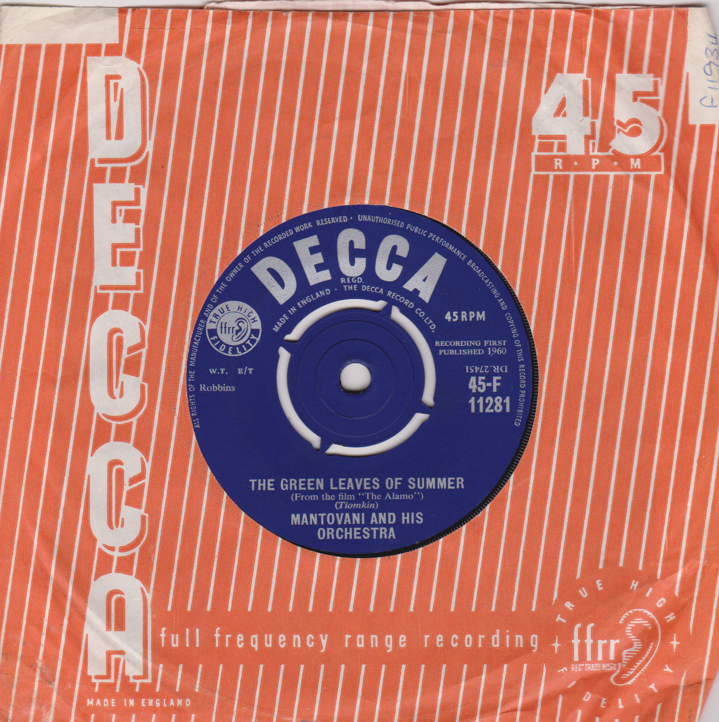 Mantovani And His Orchestra – The Green Leaves Of Summer (Decca 1960) 7" vinyl single VG/-