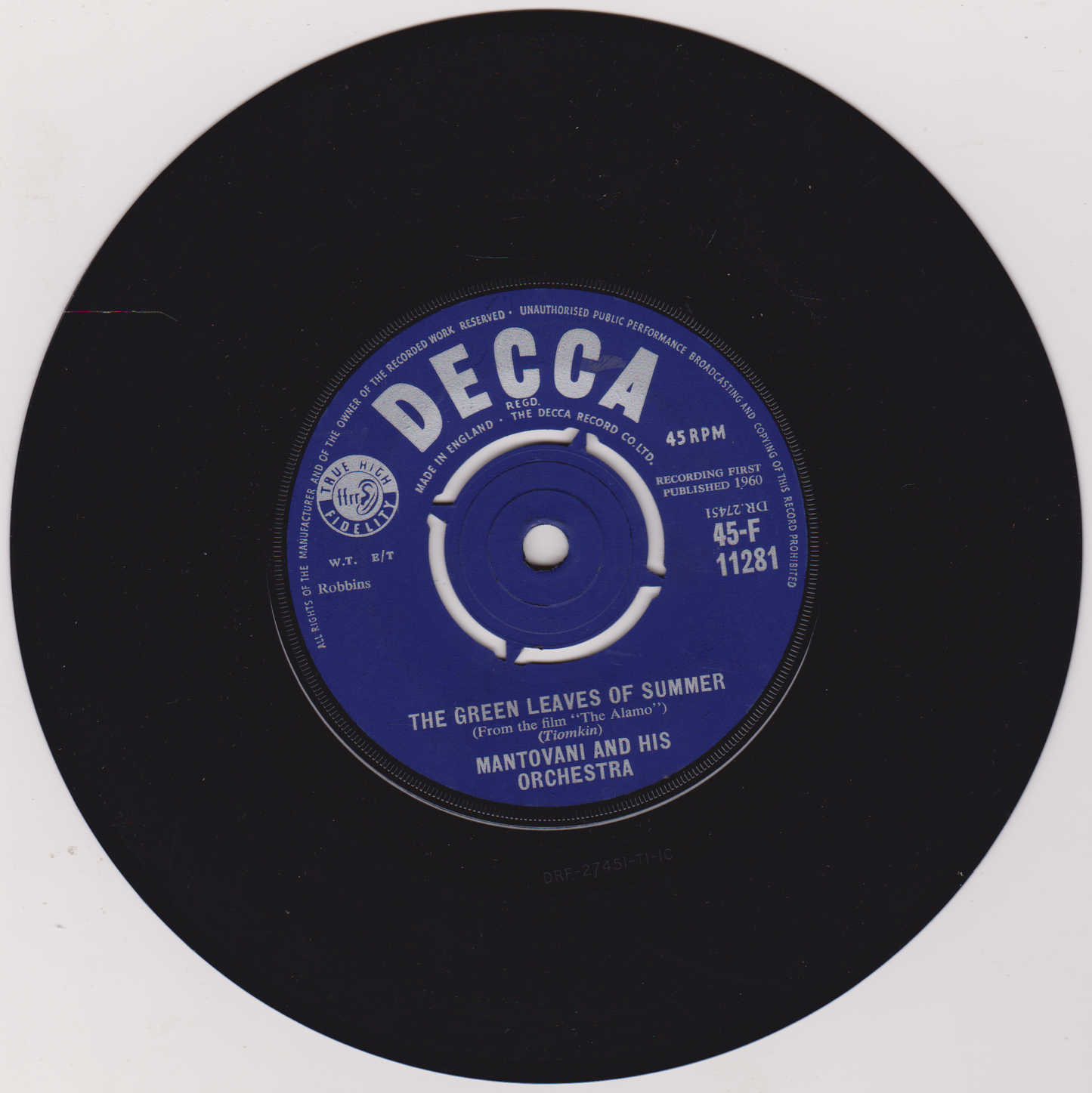 Mantovani And His Orchestra – The Green Leaves Of Summer (Decca 1960) 7" vinyl single VG/-