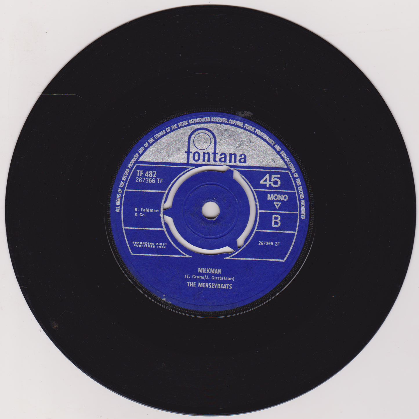 Black vinyl record with a blue label on a white background