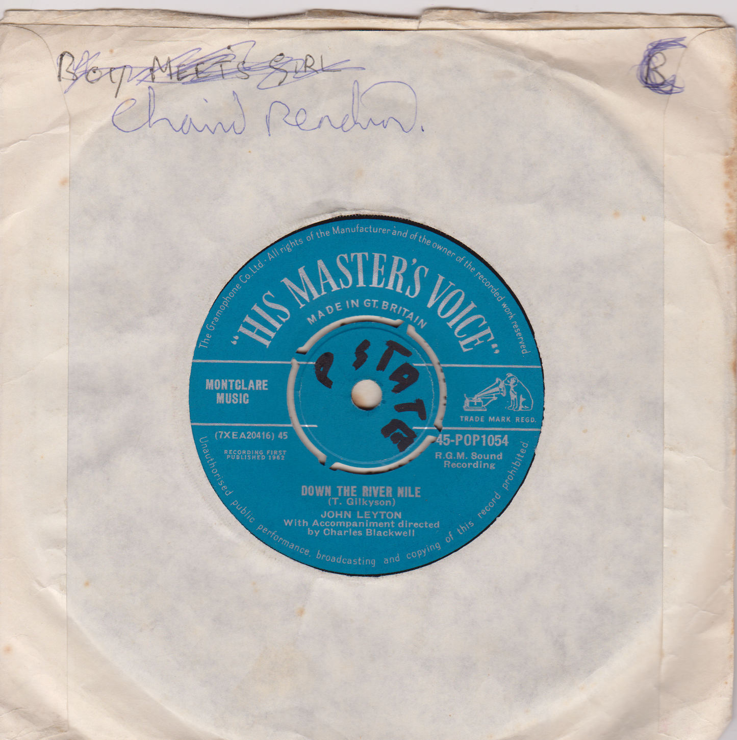 John Leyton - Down The River Nile (HMV 1962) 7" vinyl single VG/-