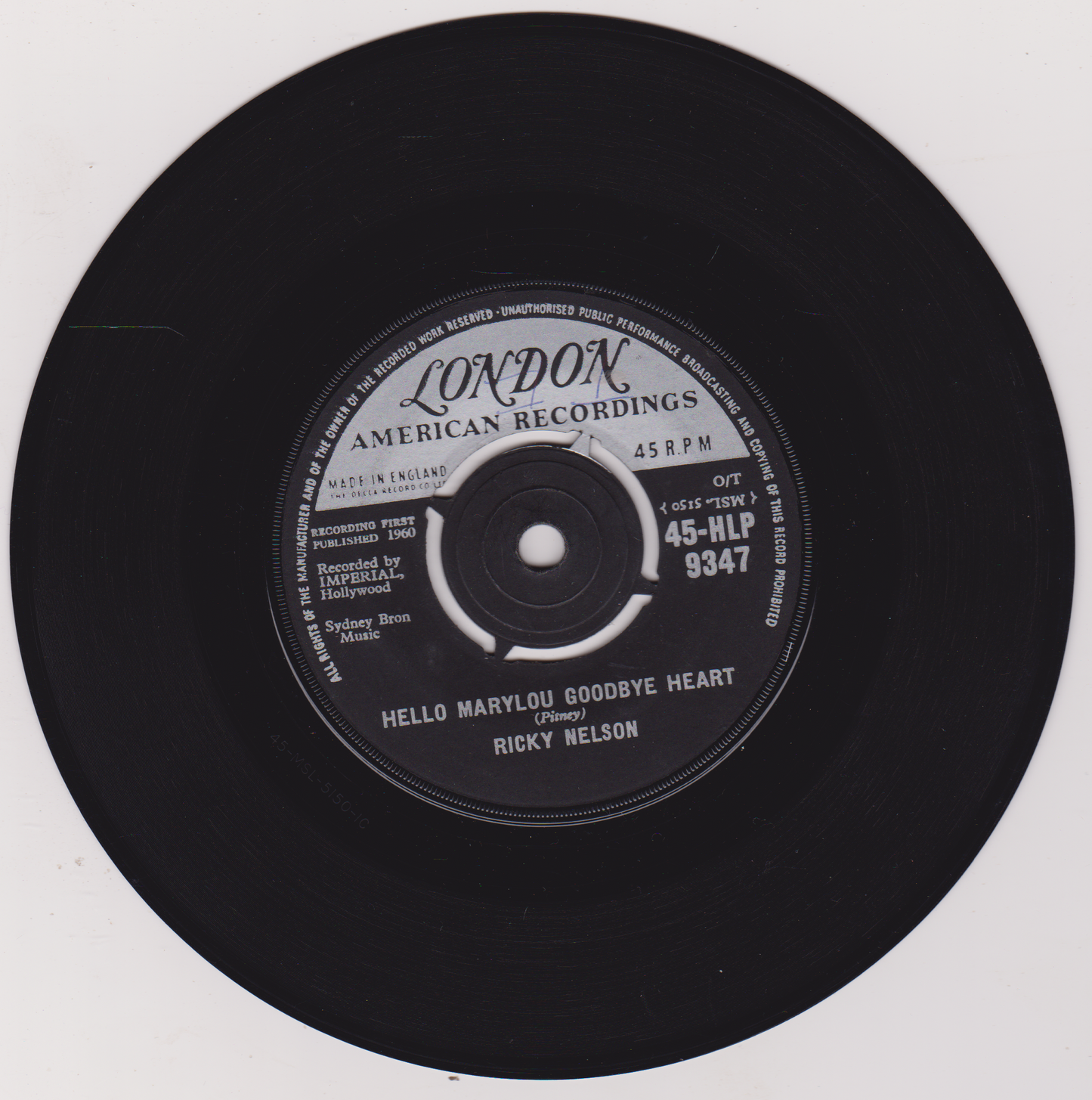 Ricky Nelson – Hello Marylou Goodbye Heart (London 1961) 7" vinyl single VG/-