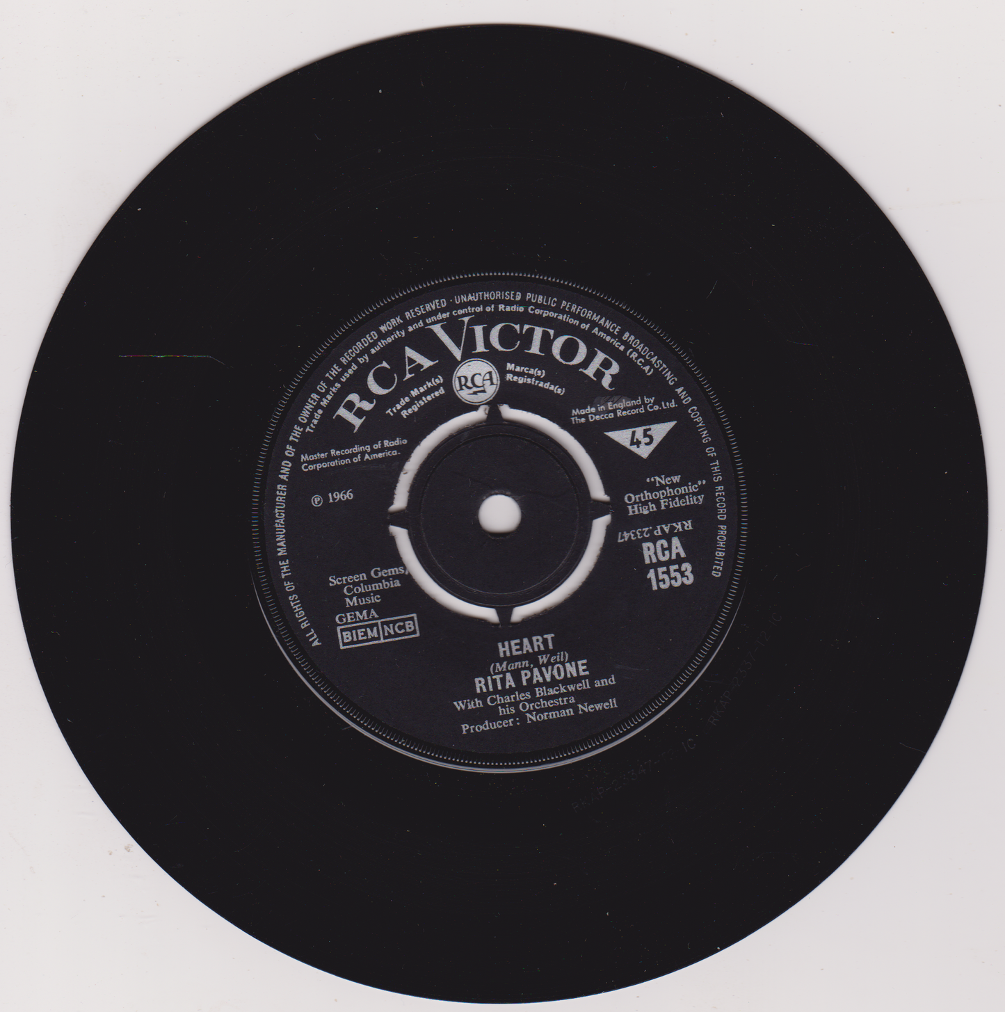Rita Pavone – Heart (RCA 1966) 7" vinyl single VG/-
