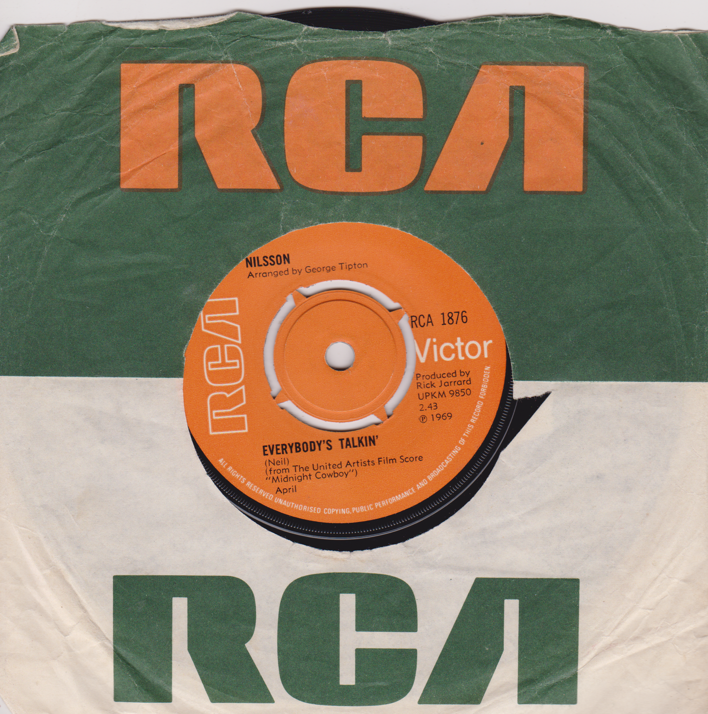 Nilsson – Everybody's Talkin' (RCA 1969) 7" vinyl single VG/-