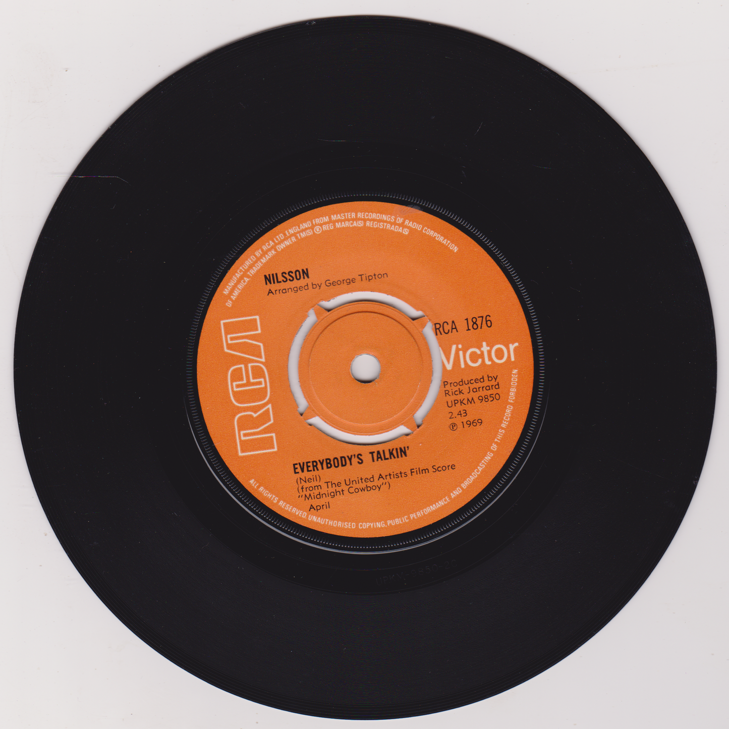 Nilsson – Everybody's Talkin' (RCA 1969) 7" vinyl single VG/-