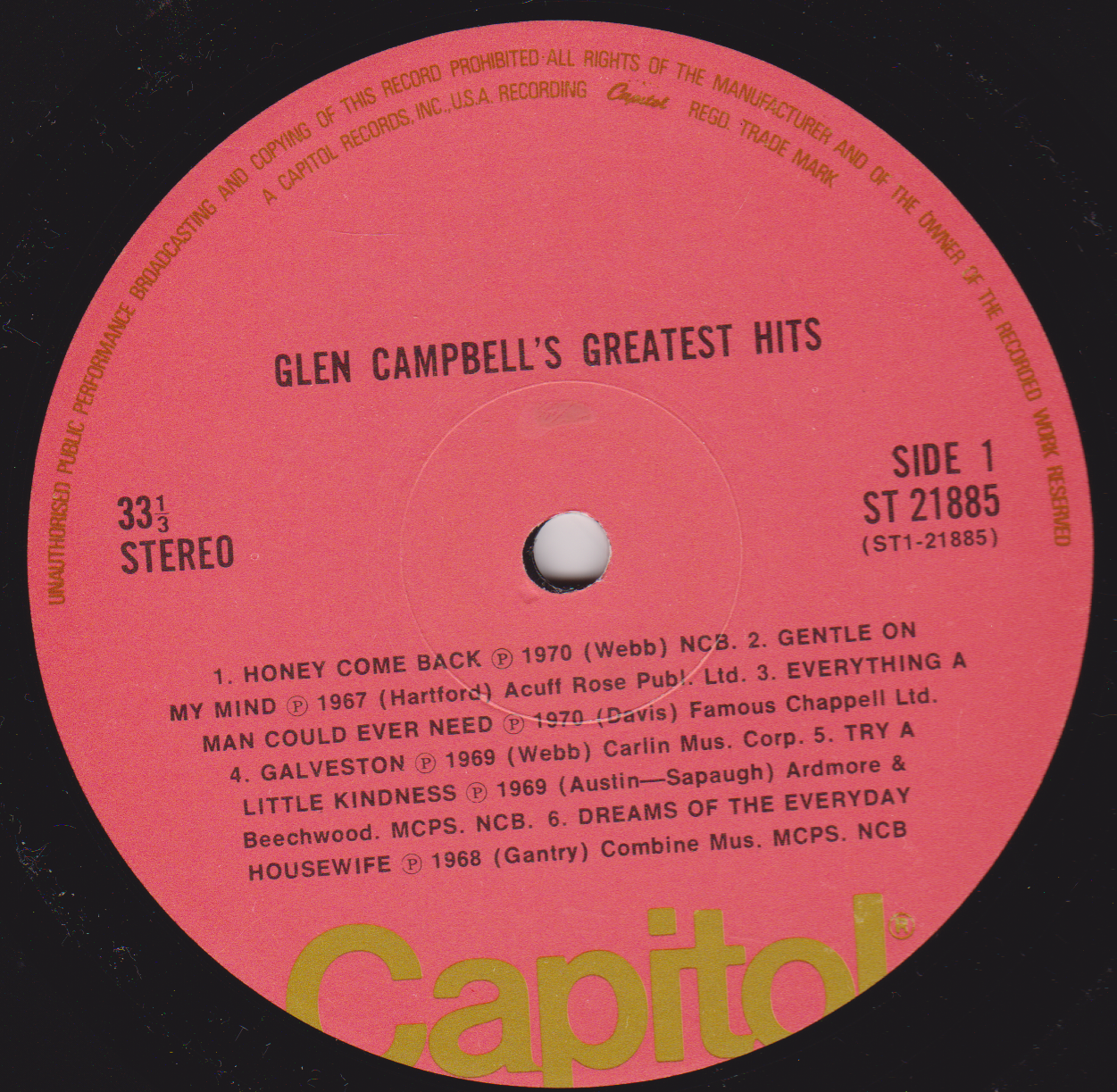 Glen Campbell – Glen Campbells Greatest Hits (Capitol 1971) 12" vinyl LP VG/VG