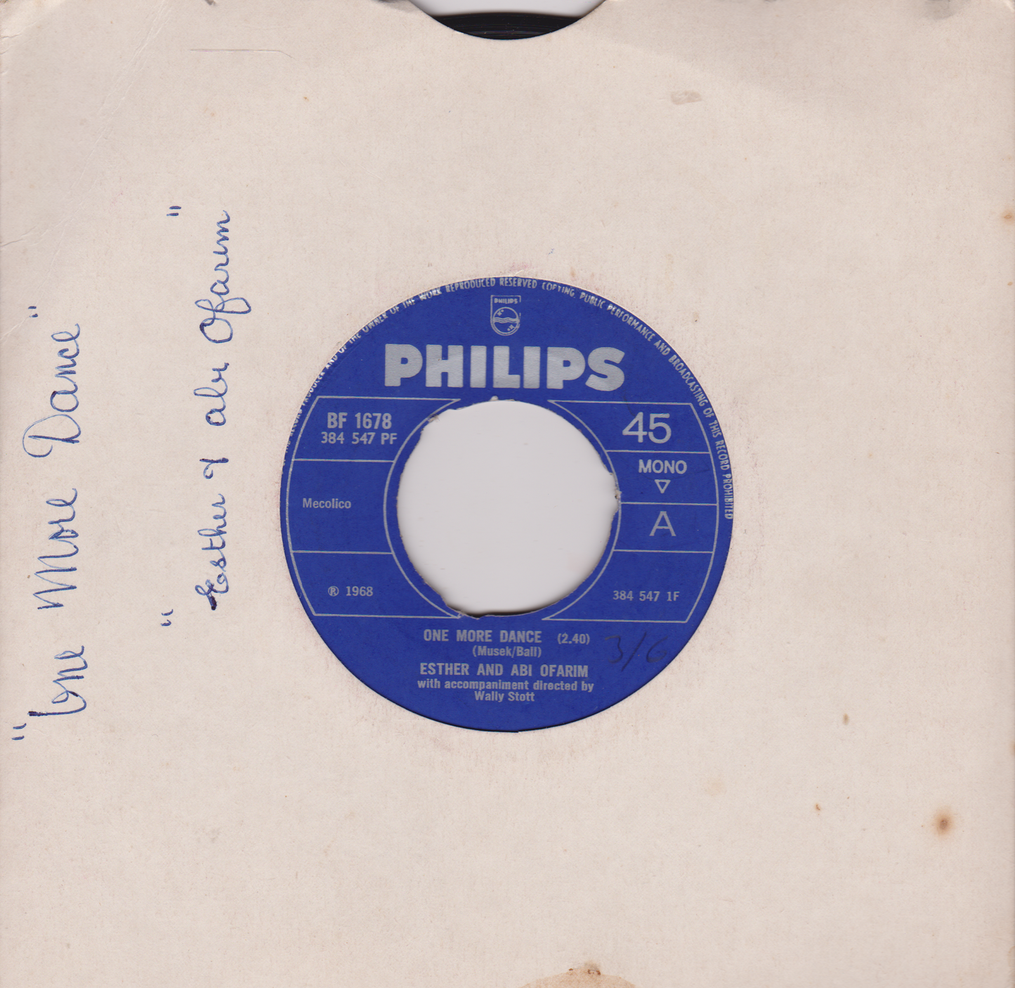 Esther & Abi Ofarim – One More Dance (Philips 1968) 7" vinyl single VG/- jukebox centre