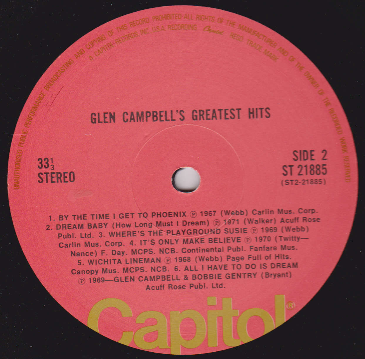 Glen Campbell – Glen Campbells Greatest Hits (Capitol 1971) 12" vinyl LP VG/VG