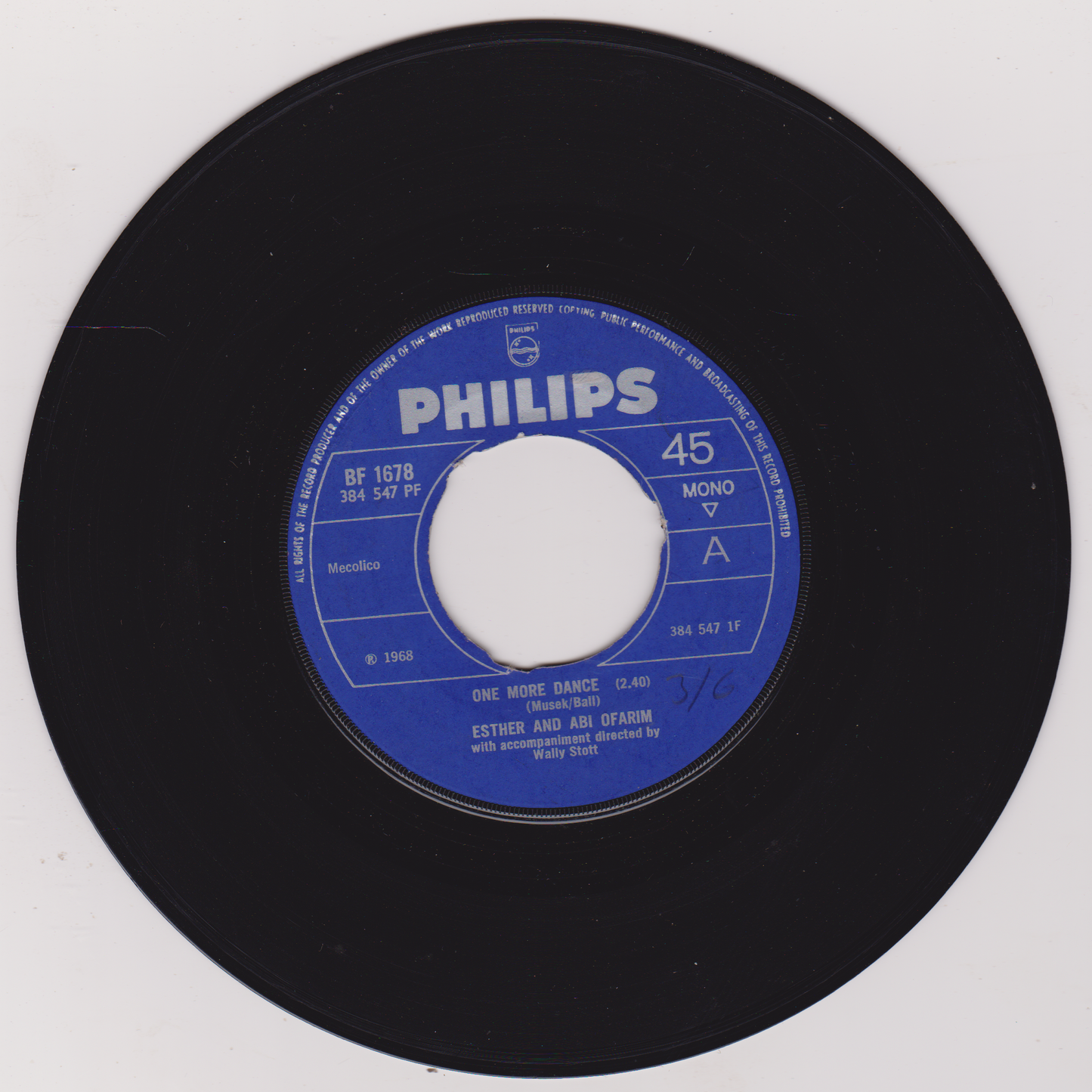Esther & Abi Ofarim – One More Dance (Philips 1968) 7" vinyl single VG/- jukebox centre