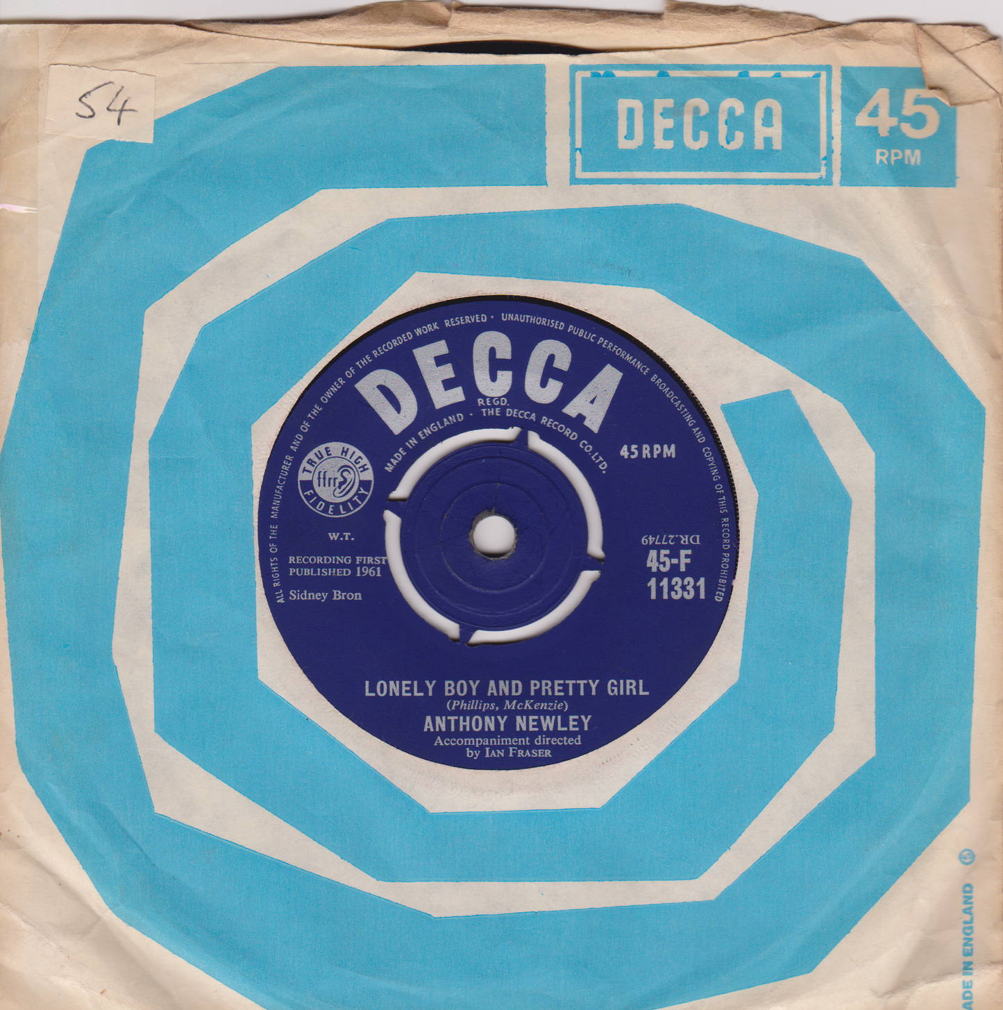Anthony Newley - And The Heavens Cried (Decca 1961) 7" vinyl single VG/-