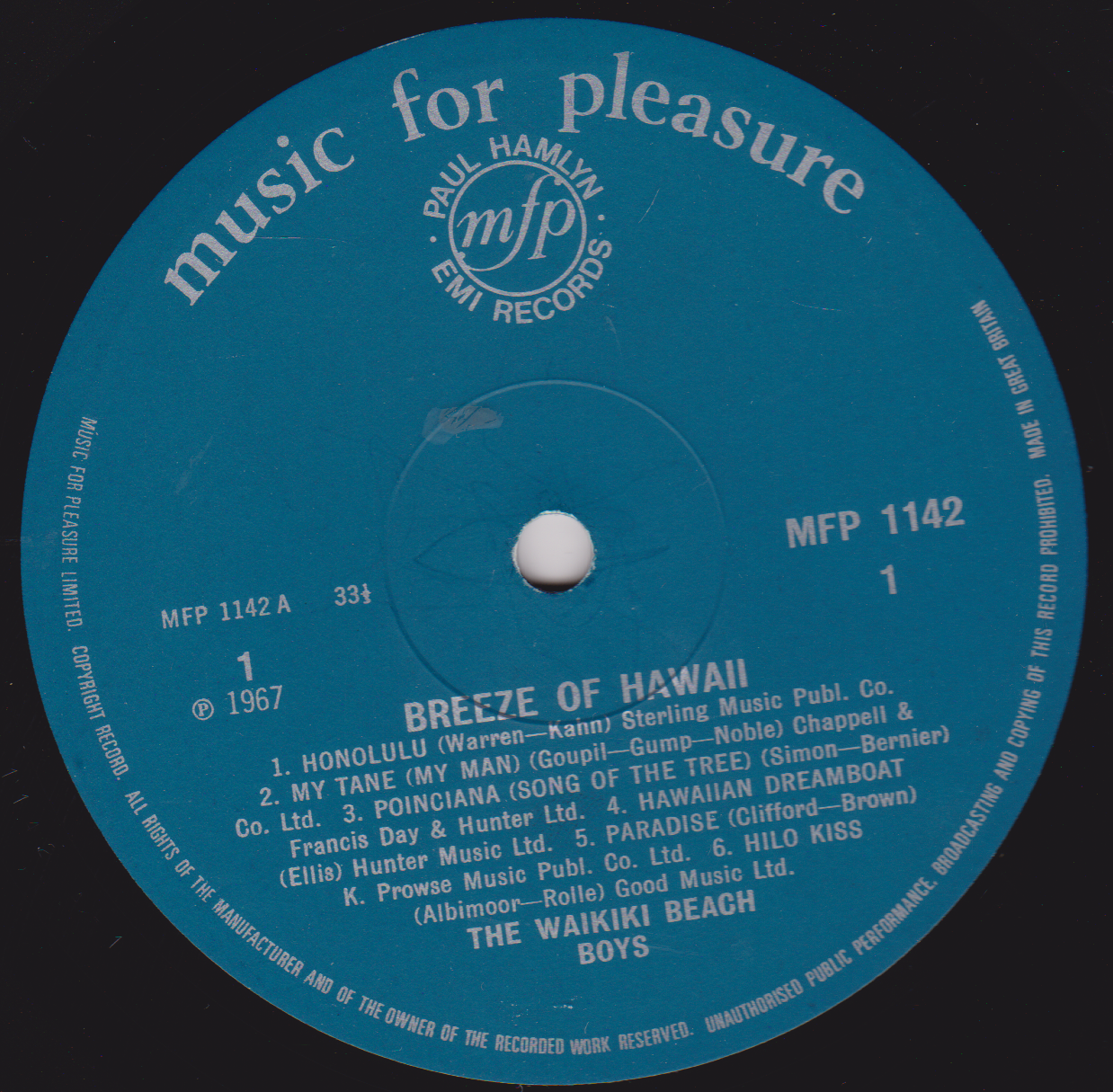 The Waikiki Beach Boys – Breeze Of Hawaii (EMI 1967) 12" vinyl LP VG/VG mono