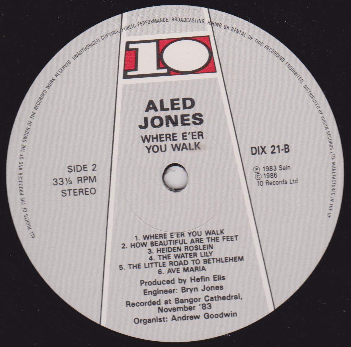 Aled Jones – Where E'er You Walk (10 1986) 12" vinyl LP VG/VG