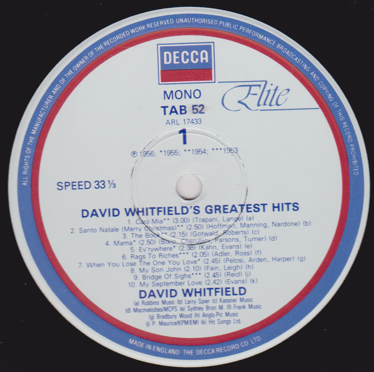 David Whitfield – Greatest Hits (Decca 1982) 12" vinyl LP VG/VG