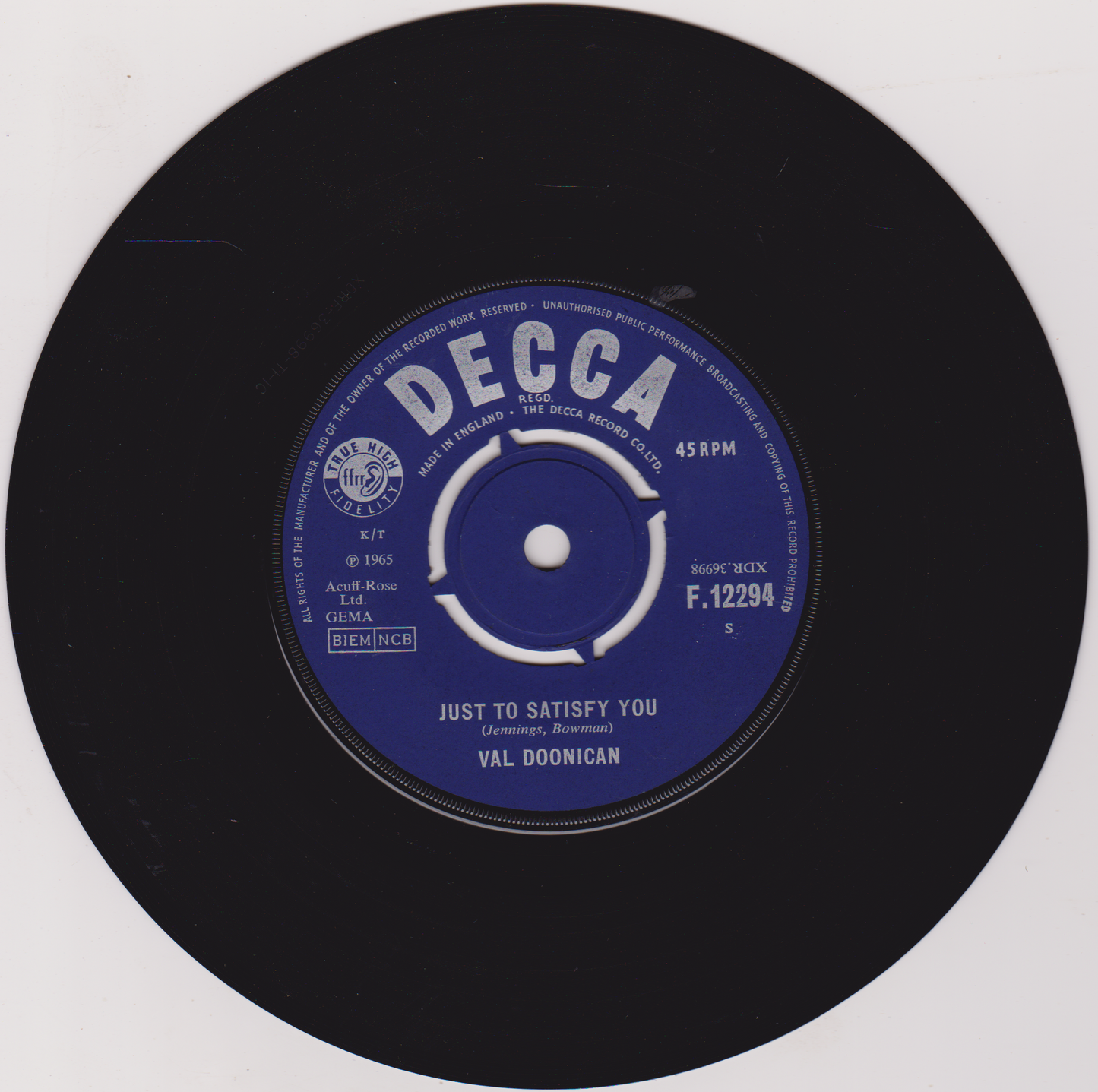 Val Doonican – Just To Satisfy You (Decca 1965) 7" vinyl single VG/VG