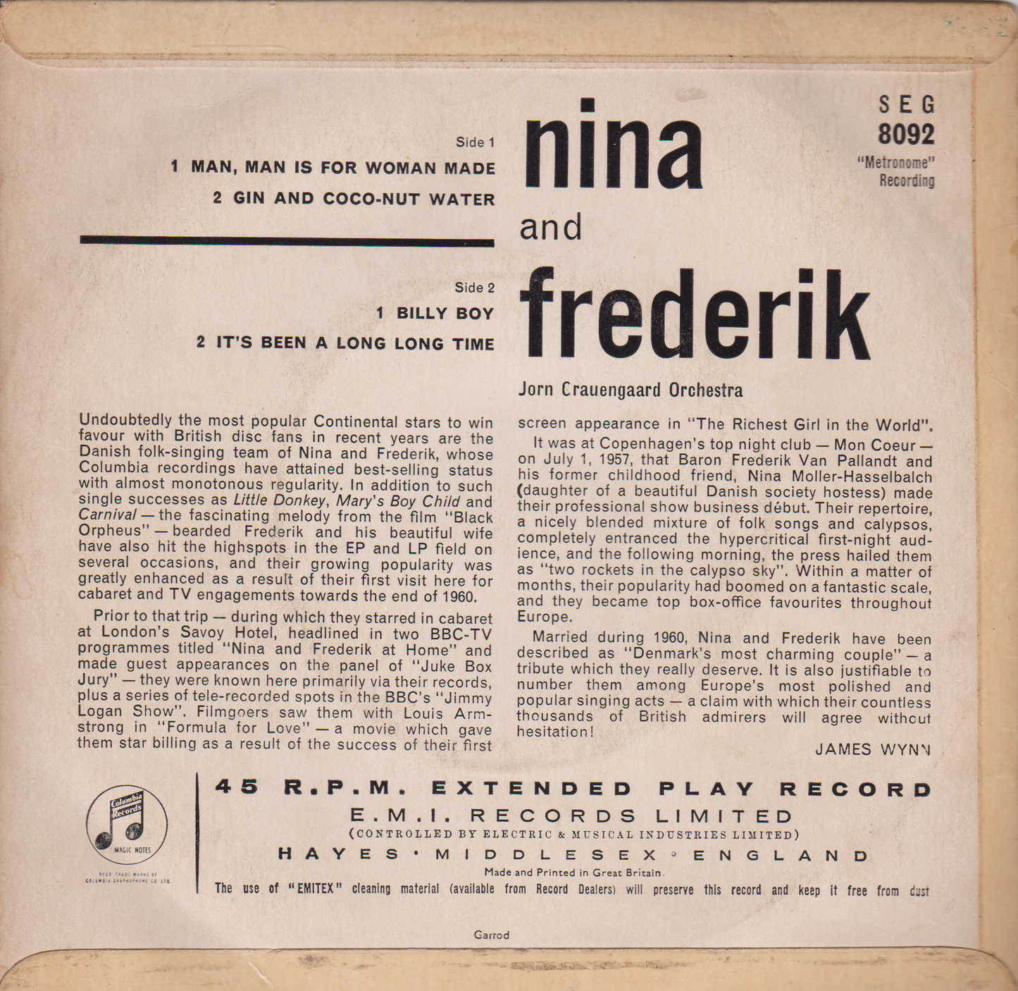 Nina & Frederik – Man Man Is For Woman Made (Columbia, 1961) 7" vinyl EP G+/VG