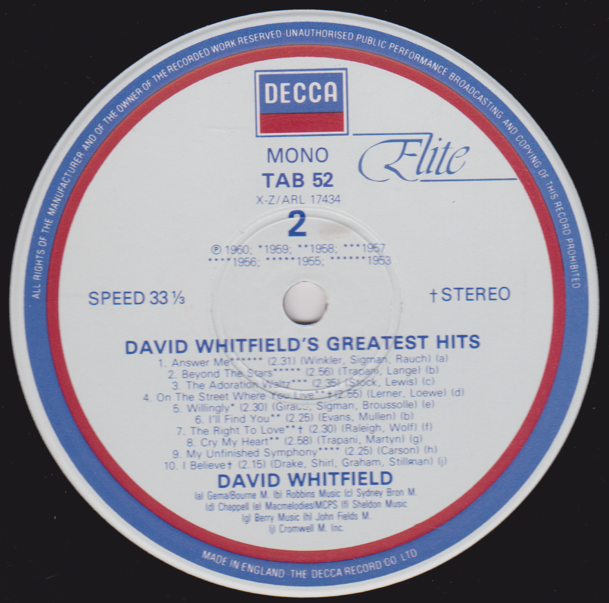 David Whitfield – Greatest Hits (Decca 1982) 12" vinyl LP VG/VG