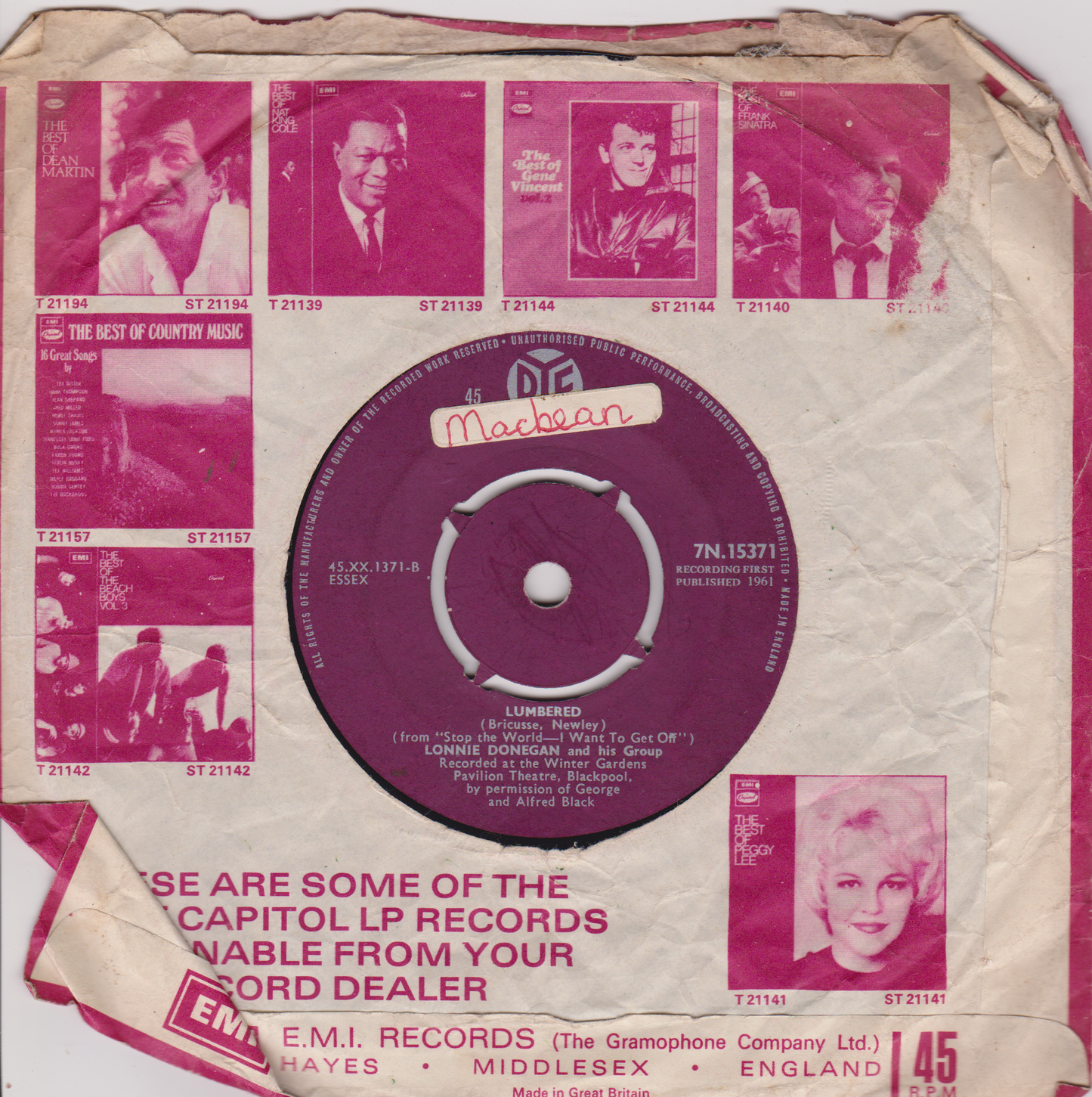 Lonnie Donegan – Michael, Row The Boat (Pye 1961) 7" vinyl single VG/-