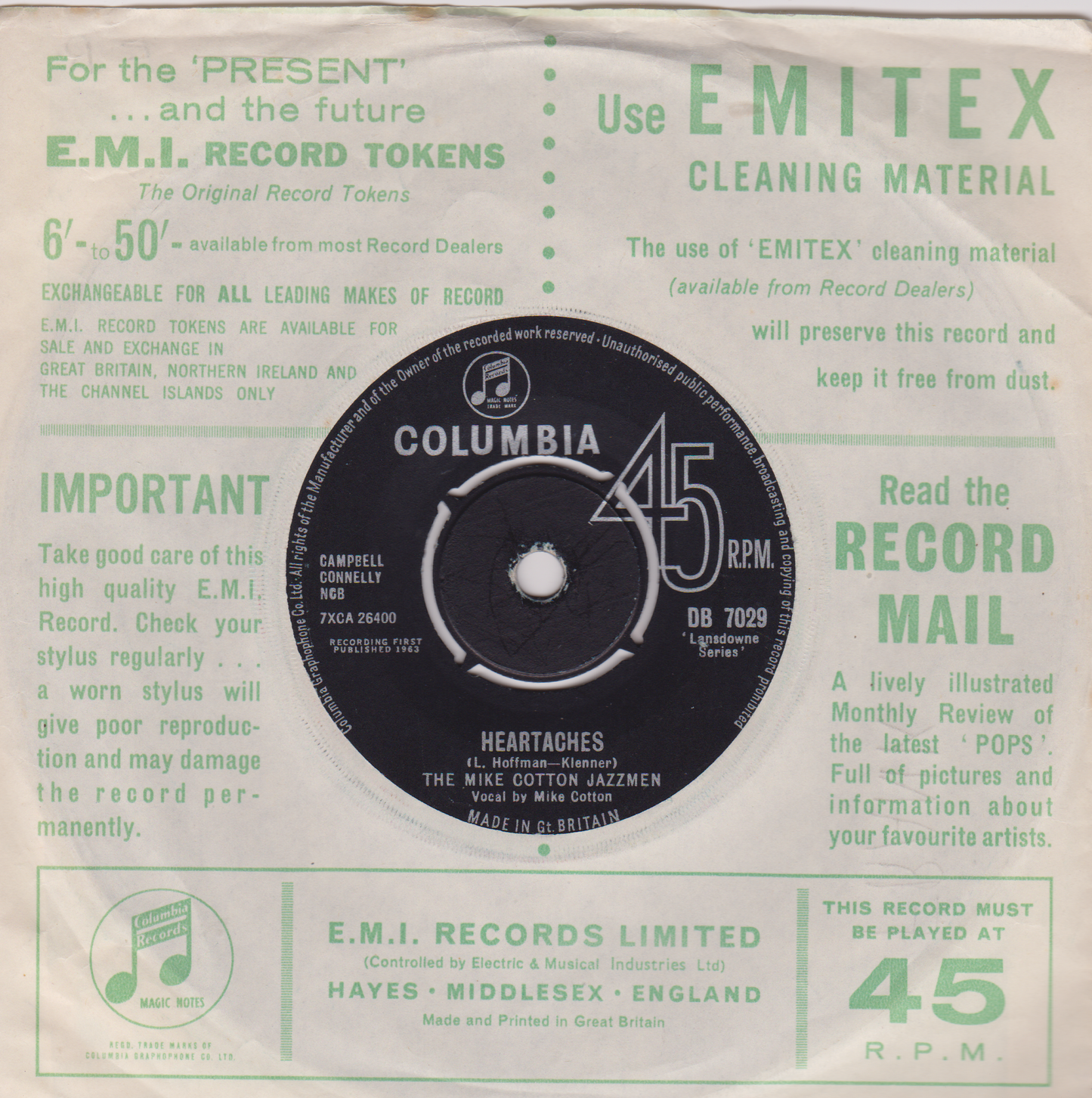 The Mike Cotton Jazzmen – Swing That Hammer (Columbia 1963) 7" vinyl single VG/VG