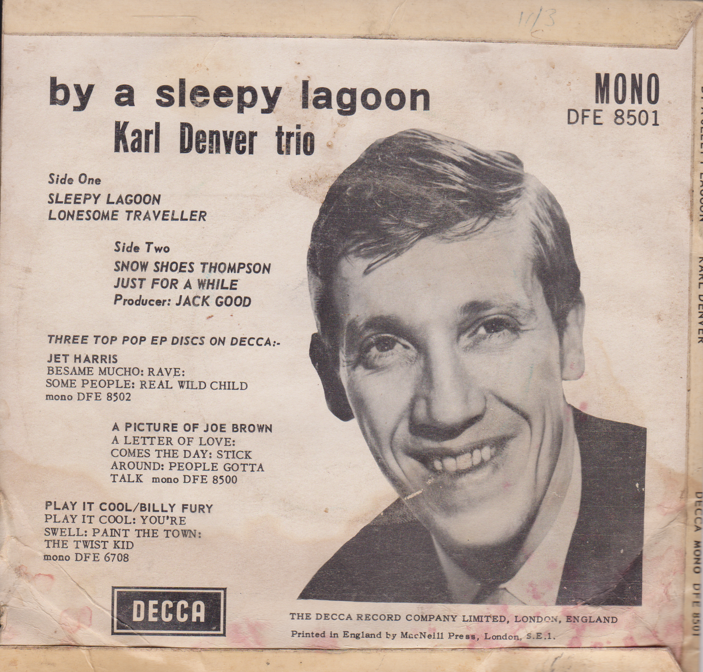 Karl Denver – By A Sleepy Lagoon (Decca 1962) 7" vinyl EP VG/G+