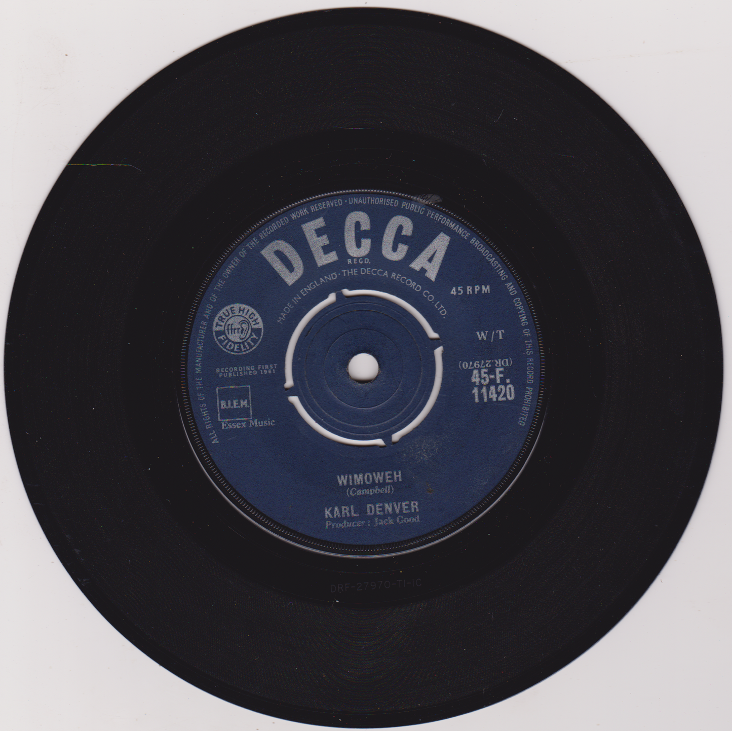 Karl Denver – Wimoweh (Decca 1962) 7" vinyl single VG/VG