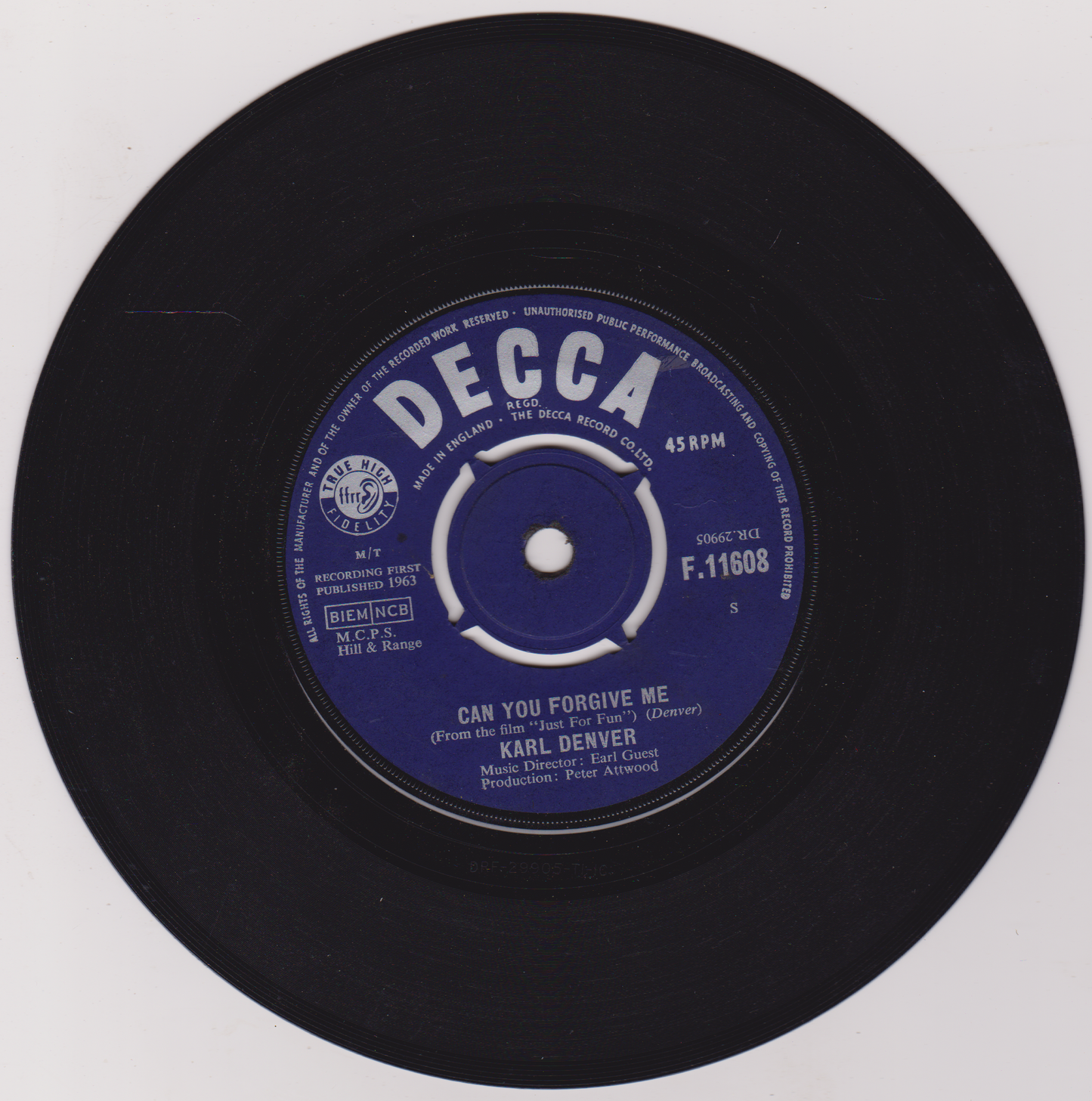 Karl Denver – Can You Forgive Me (Decca 1963) 7" vinyl single VG/-