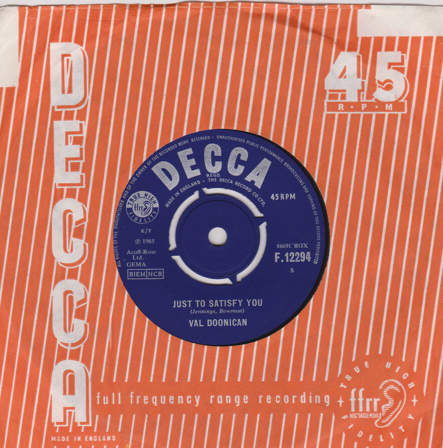 Val Doonican – Just To Satisfy You (Decca 1965) 7" vinyl single VG/VG