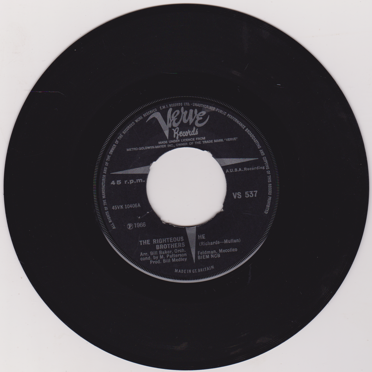 The Righteous Brothers – He (Verve 1966) 7" vinyl single G+- jukebox centre