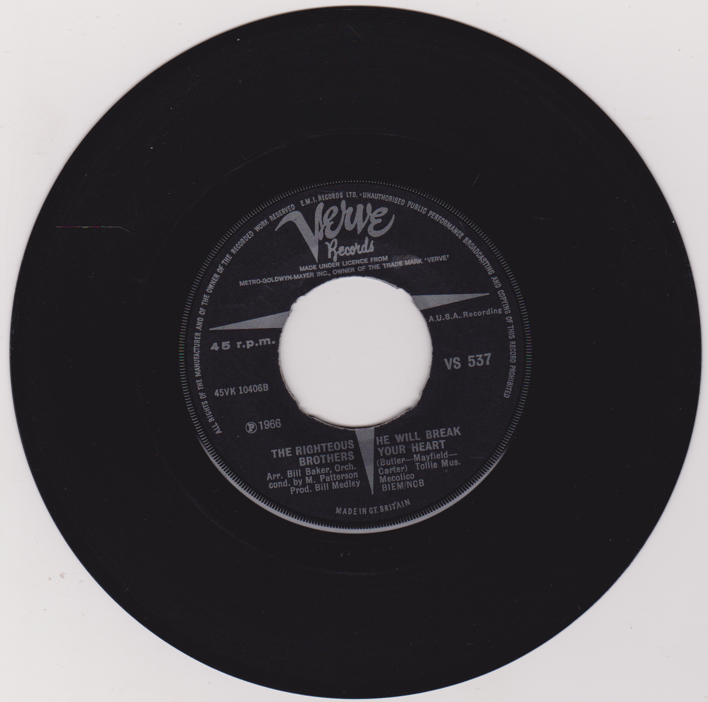 The Righteous Brothers – He (Verve 1966) 7" vinyl single G+- jukebox centre