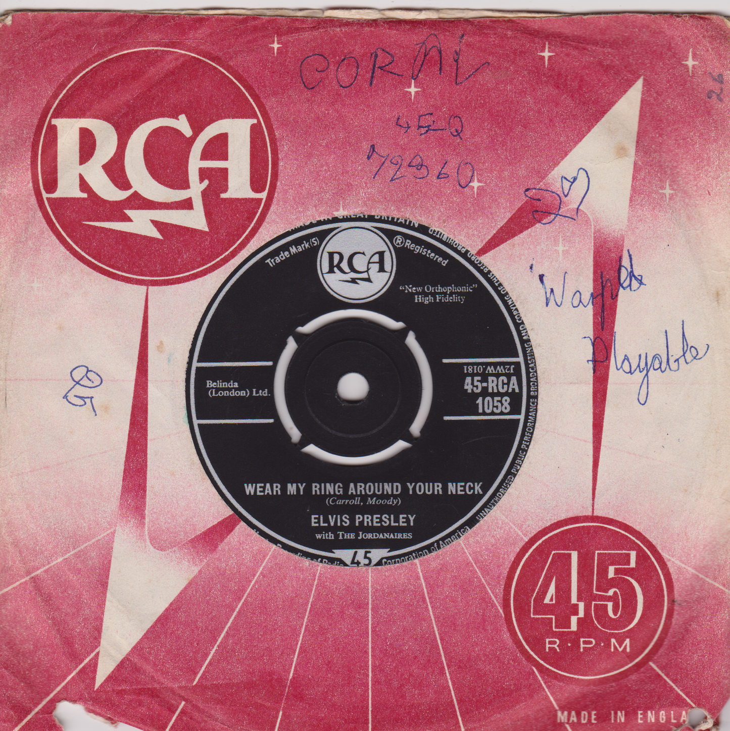 Elvis Presley With The Jordanaires – Wear My Ring Around Your Neck (RCA 1968) 7" vinyl single G+/G