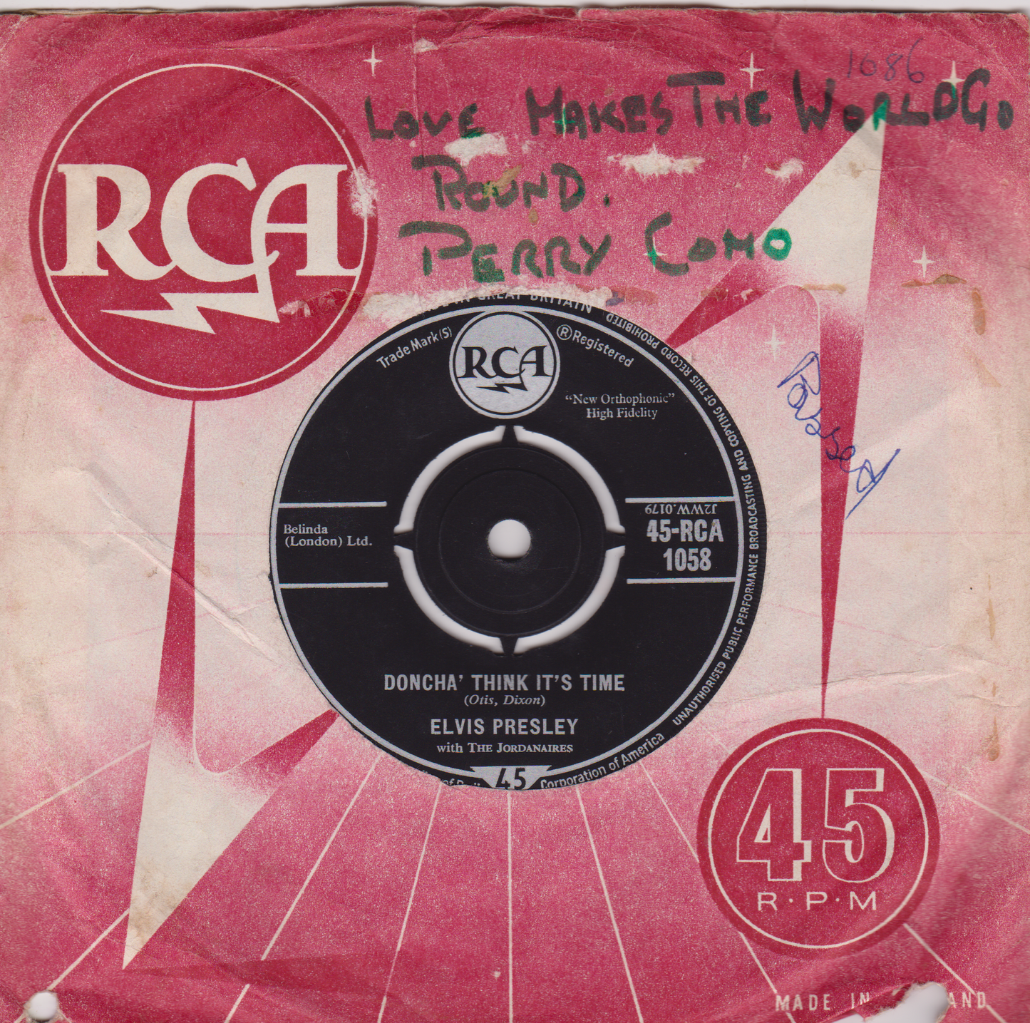 Elvis Presley With The Jordanaires – Wear My Ring Around Your Neck (RCA 1968) 7" vinyl single G+/G