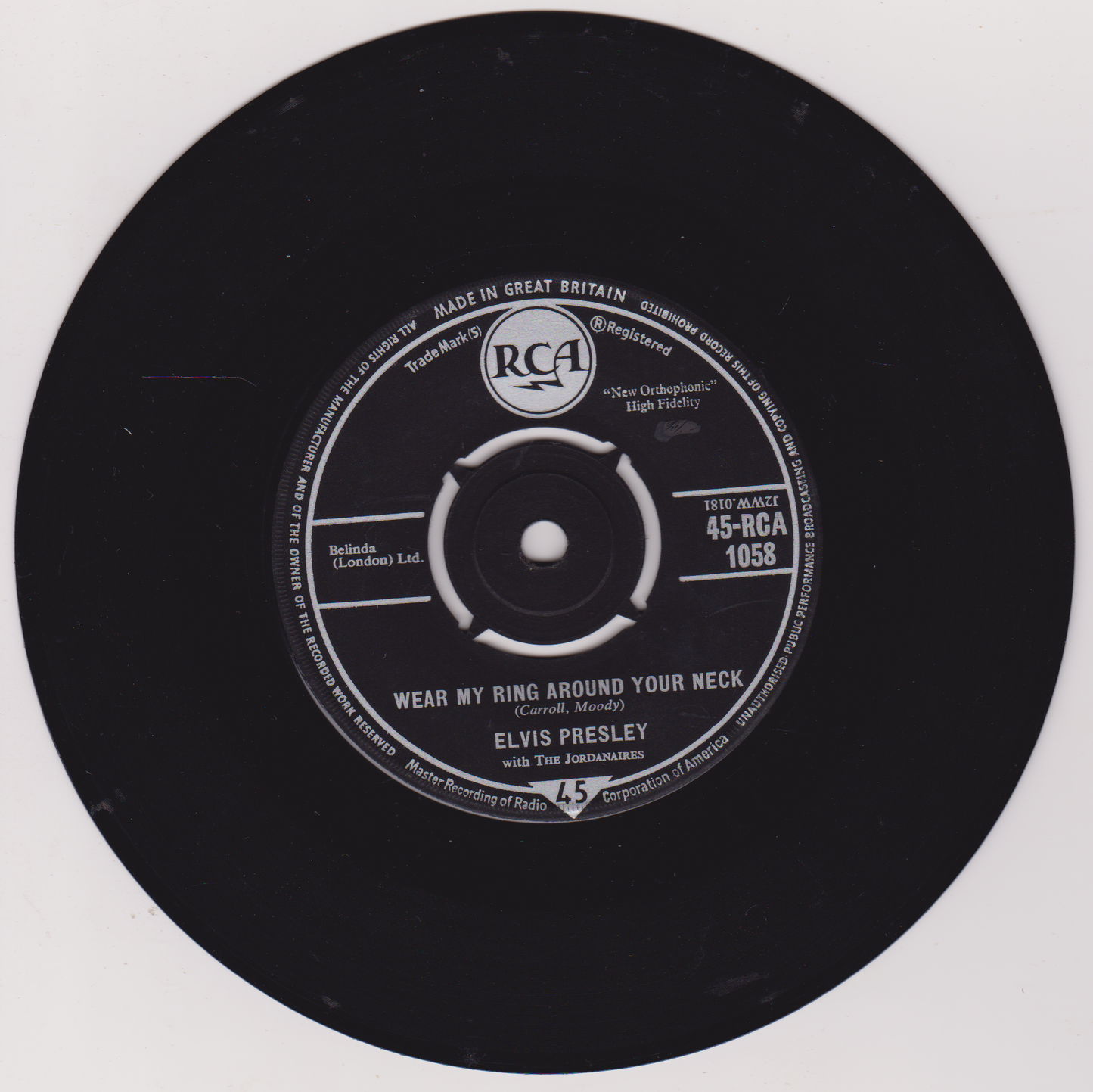 Elvis Presley With The Jordanaires – Wear My Ring Around Your Neck (RCA 1968) 7" vinyl single G+/G