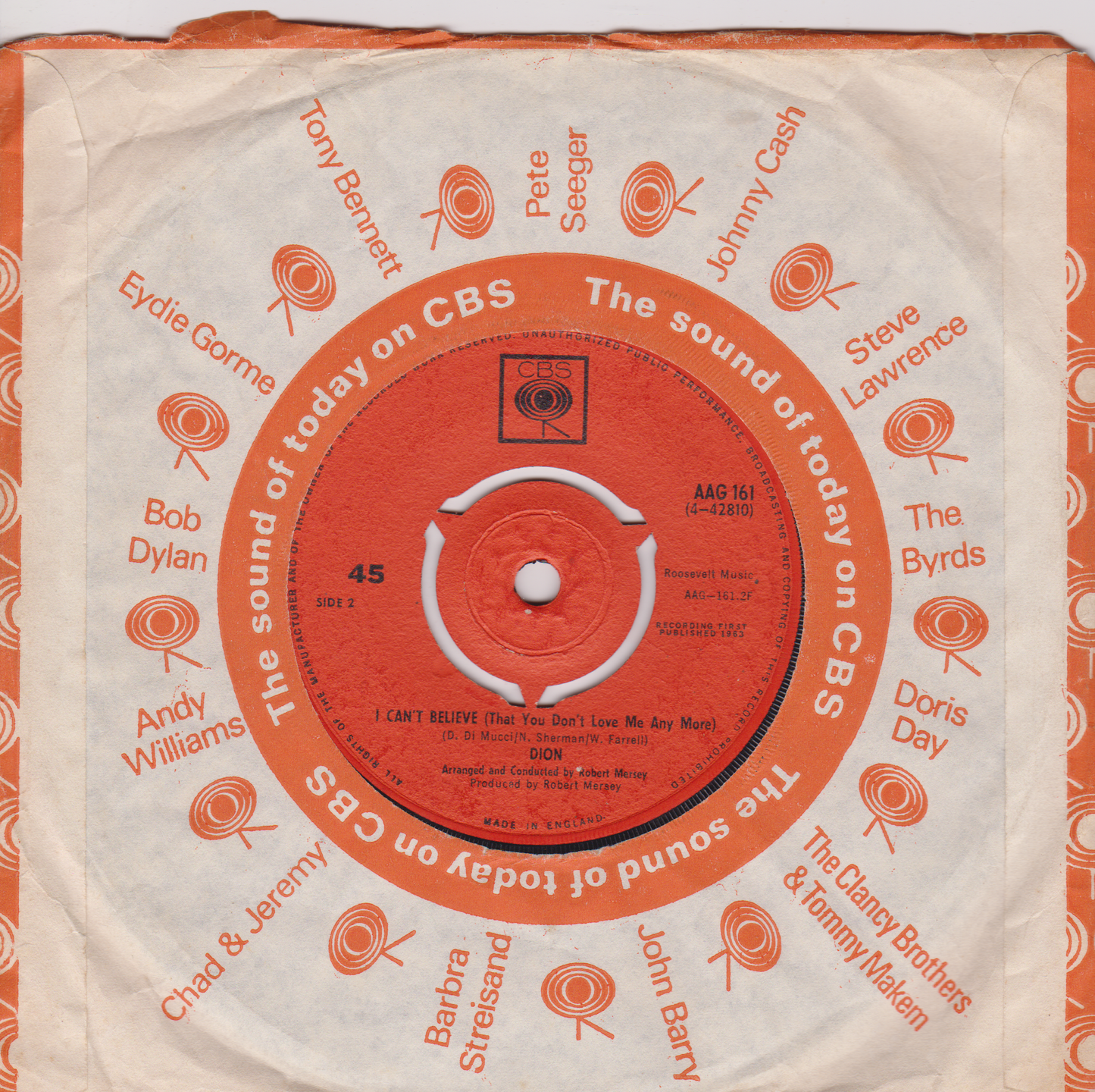 Record sleeve with a red label featuring artist names on a white background