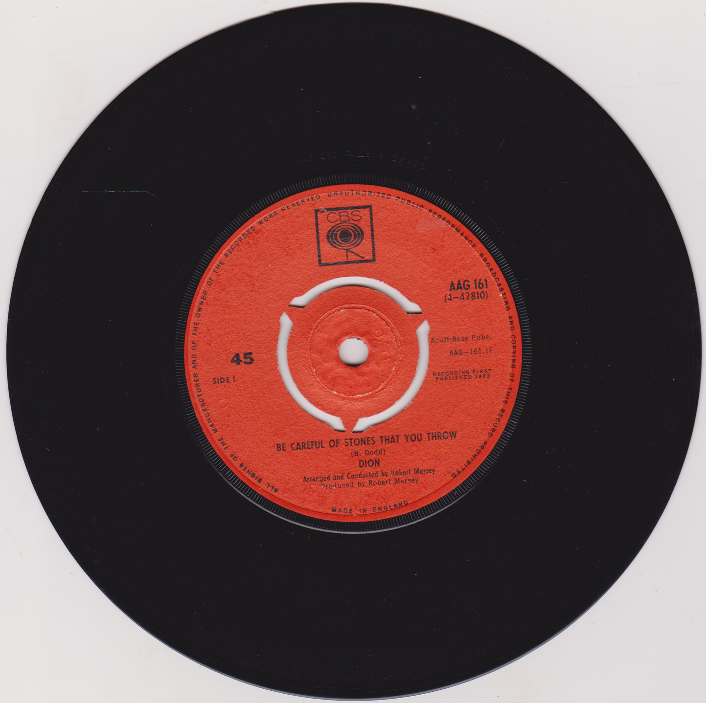 Black vinyl record with a red label on a white background