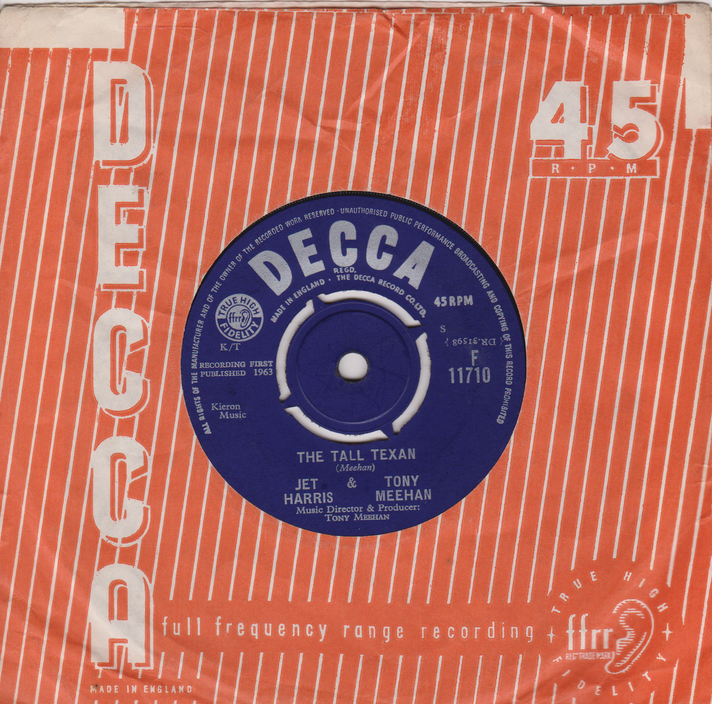 Decca record label on a red and white striped background