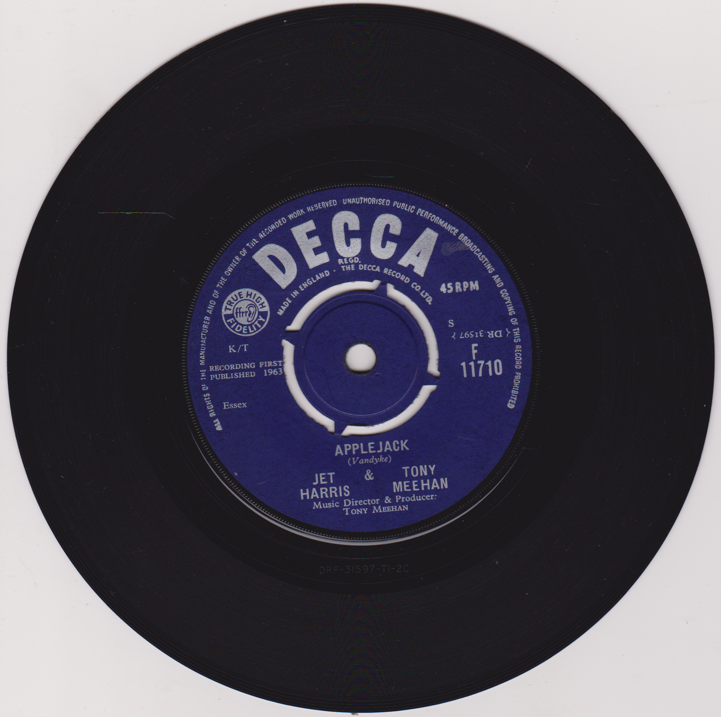 Black vinyl record with a blue label featuring the Decca Records logo on a white background