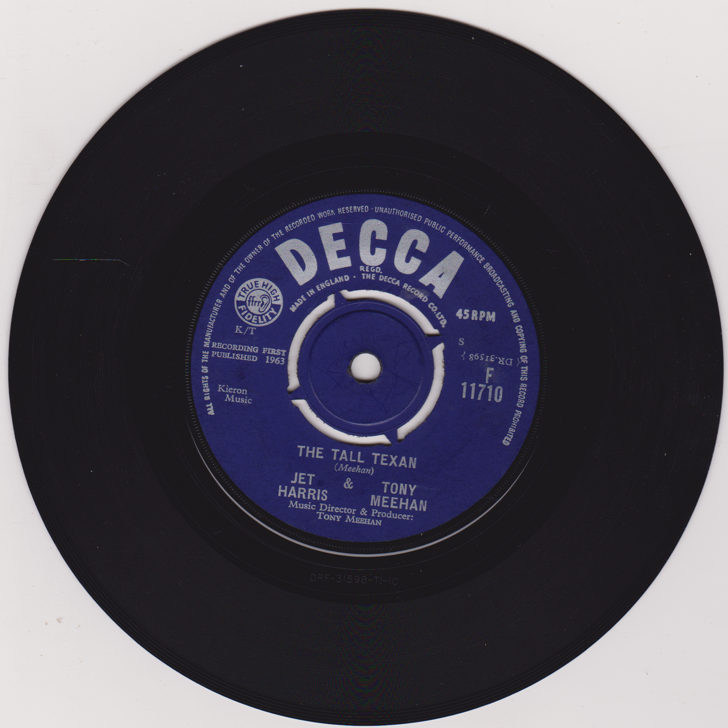 Decca record label on a black vinyl record with white text