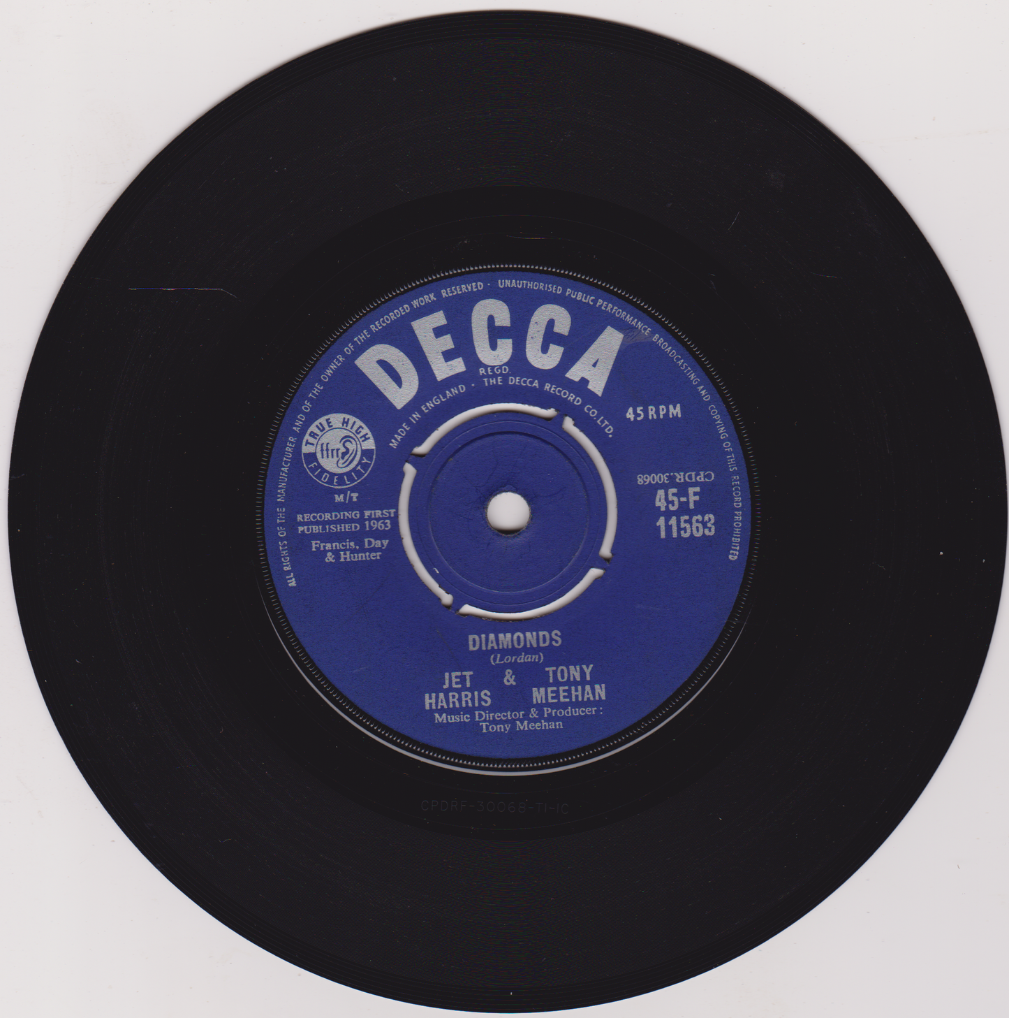 Black vinyl record with a blue label featuring 'Decca' branding on a white background