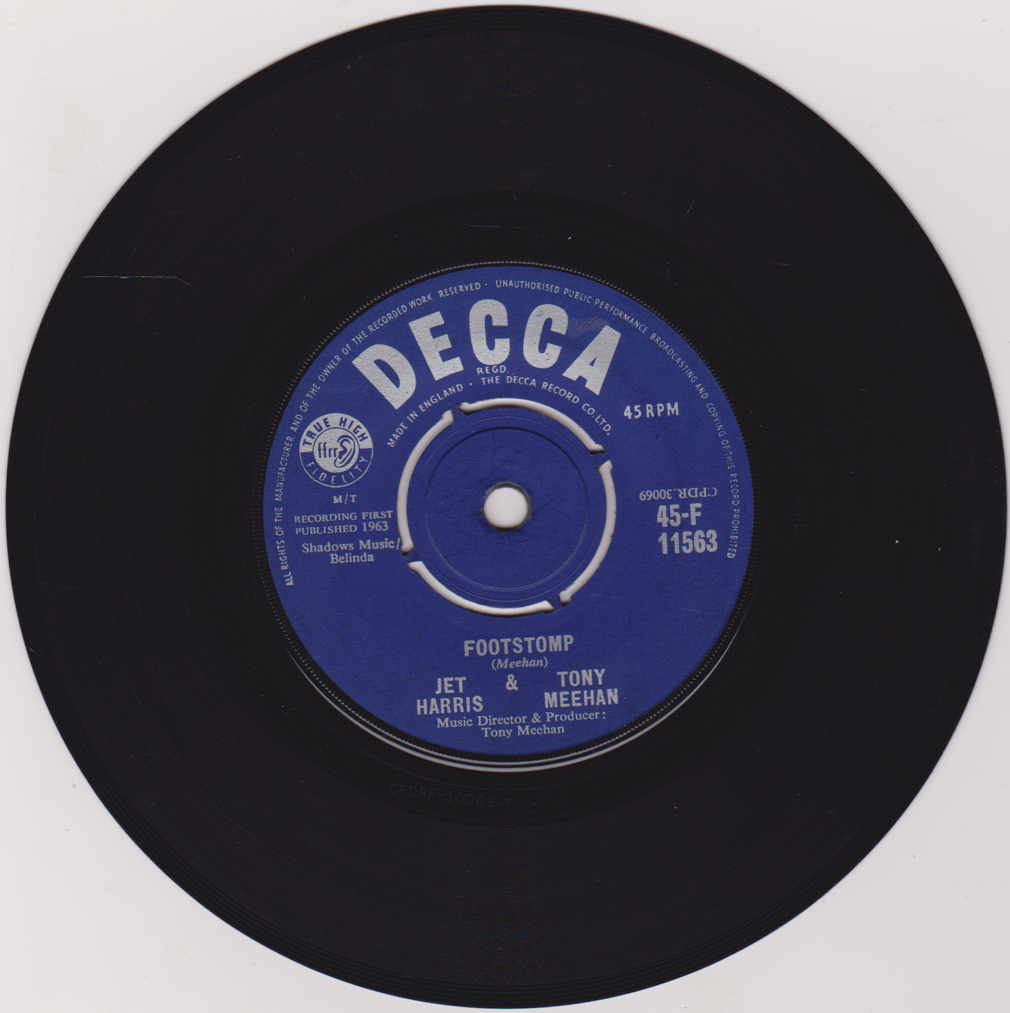 Black vinyl record with a blue Decca label on a white background