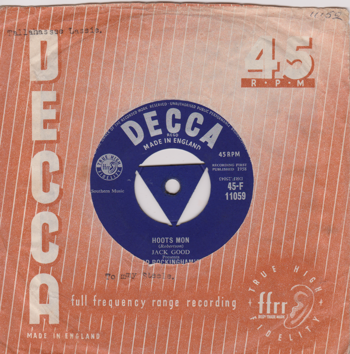 Decca record label on a vintage-style packaging with text and design elements.