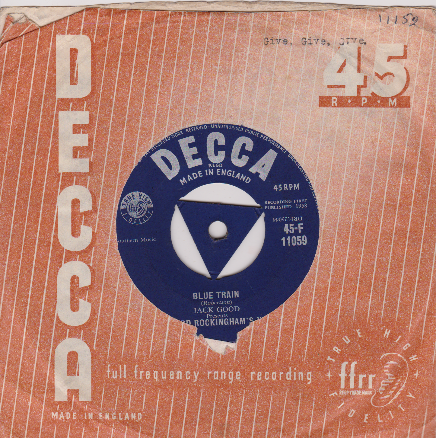 Decca record label on a vintage-style packaging with text and numbers.