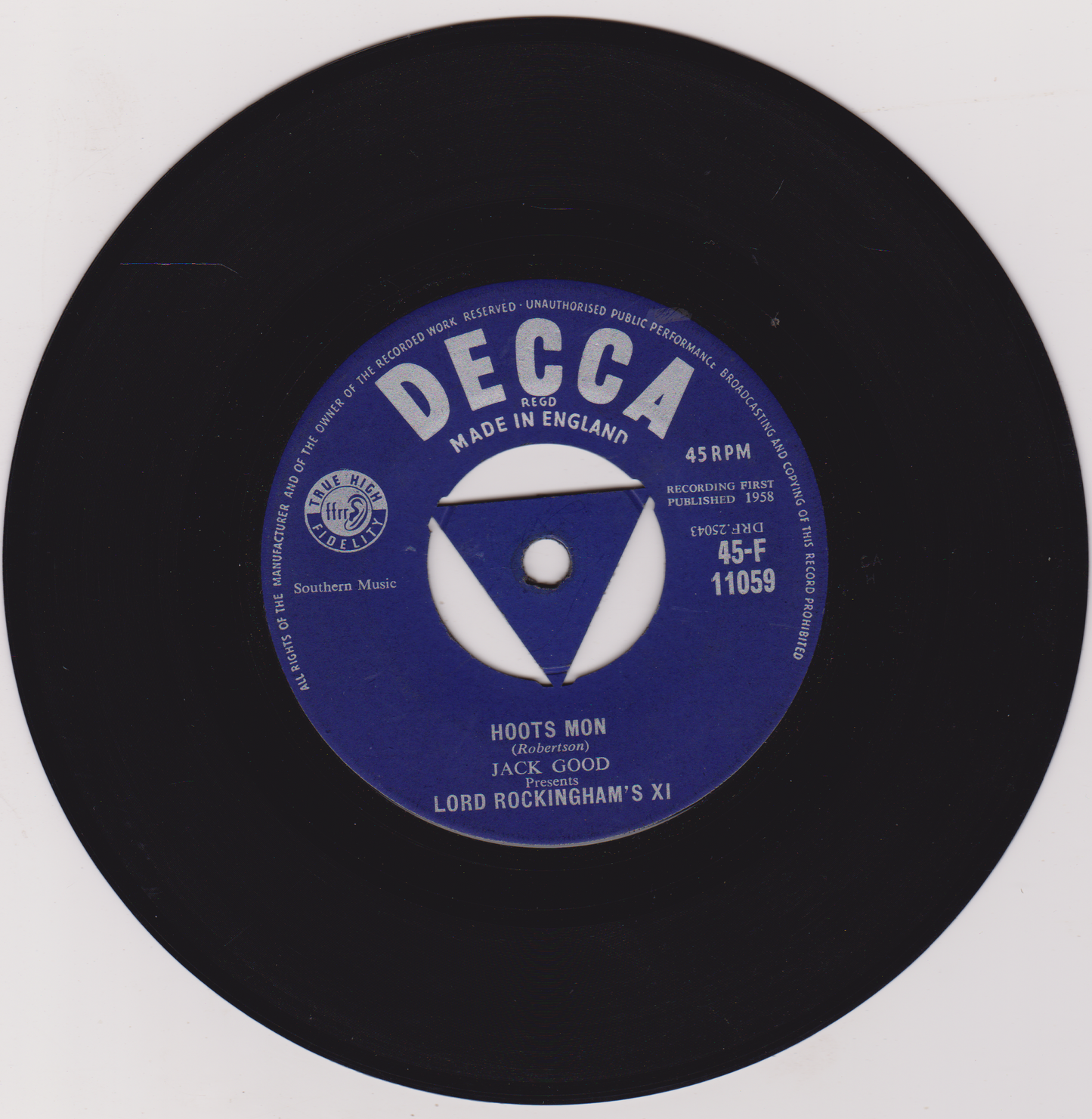 Black vinyl record with a blue Decca label on a white background