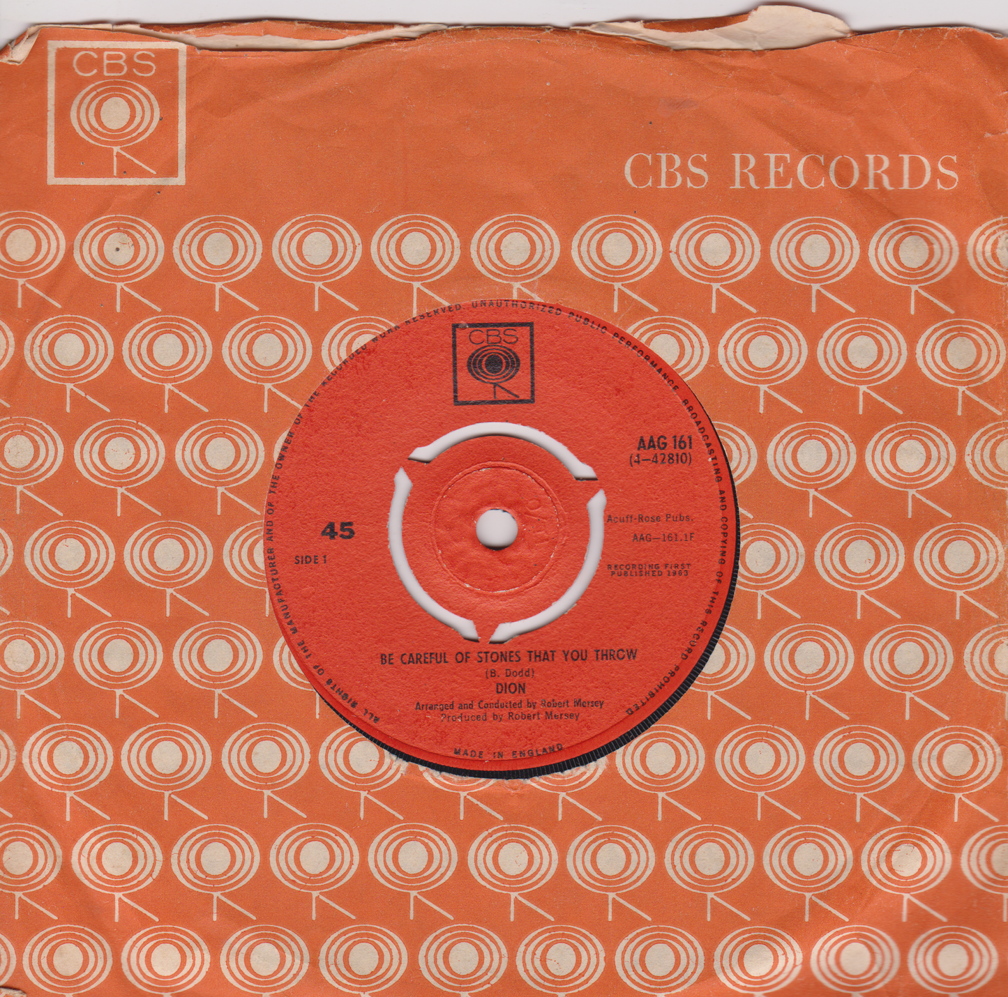 Vintage CBS Records 45 RPM record cover with a red label