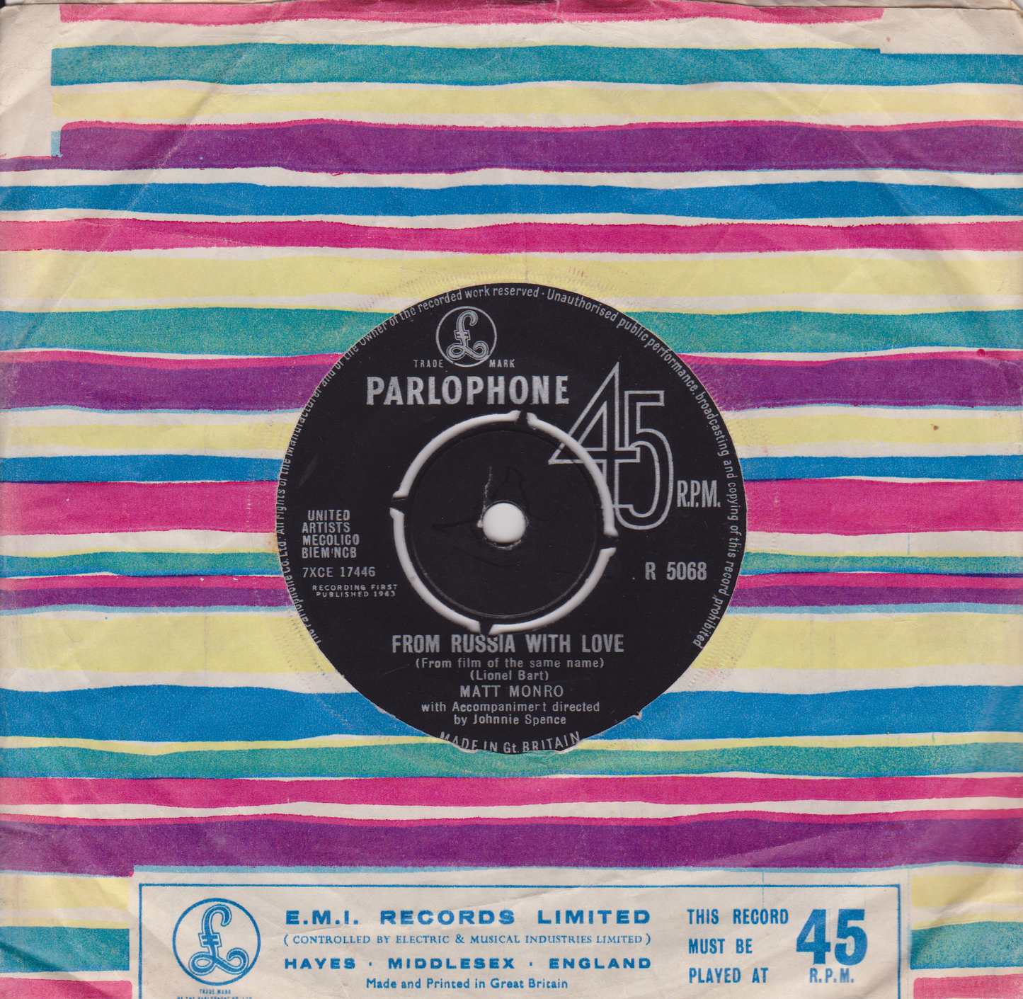 Matt Monro – From Russia With Love (Parlophone 1963) 7" vinyl single VG/VG
