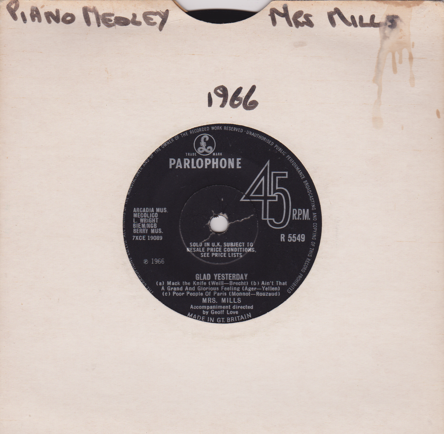 Mrs. Mills – Glad Today (Parlophone 1966) 7" vinyl single VG/-