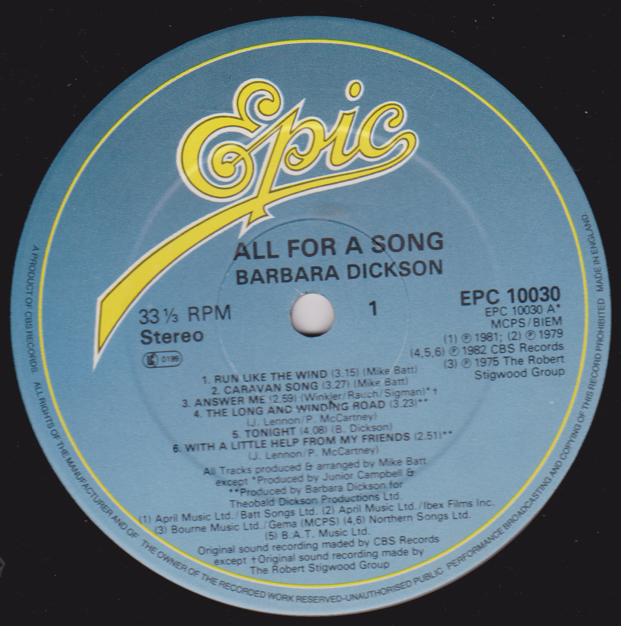 Barbara Dickson - All For A Song (Epic 1982) 12" vinyl LP VG/VG