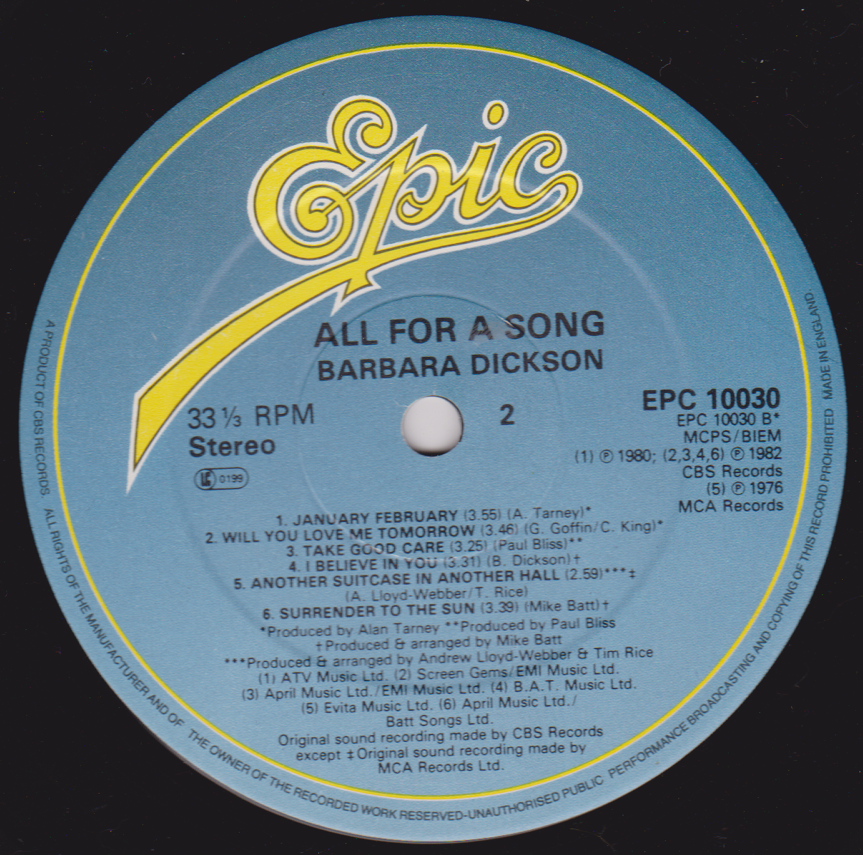 Barbara Dickson - All For A Song (Epic 1982) 12" vinyl LP VG/VG