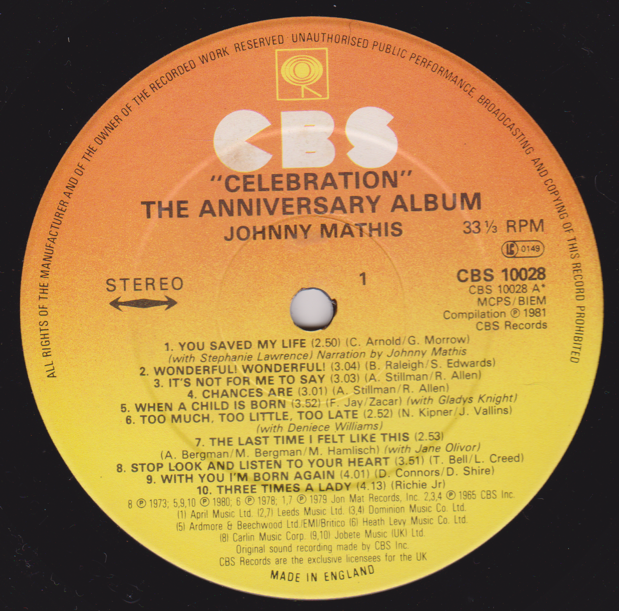 Johnny Mathis – Celebration (The Anniversary Album) (CBS 1981) 12" vinyl LP VG/VG
