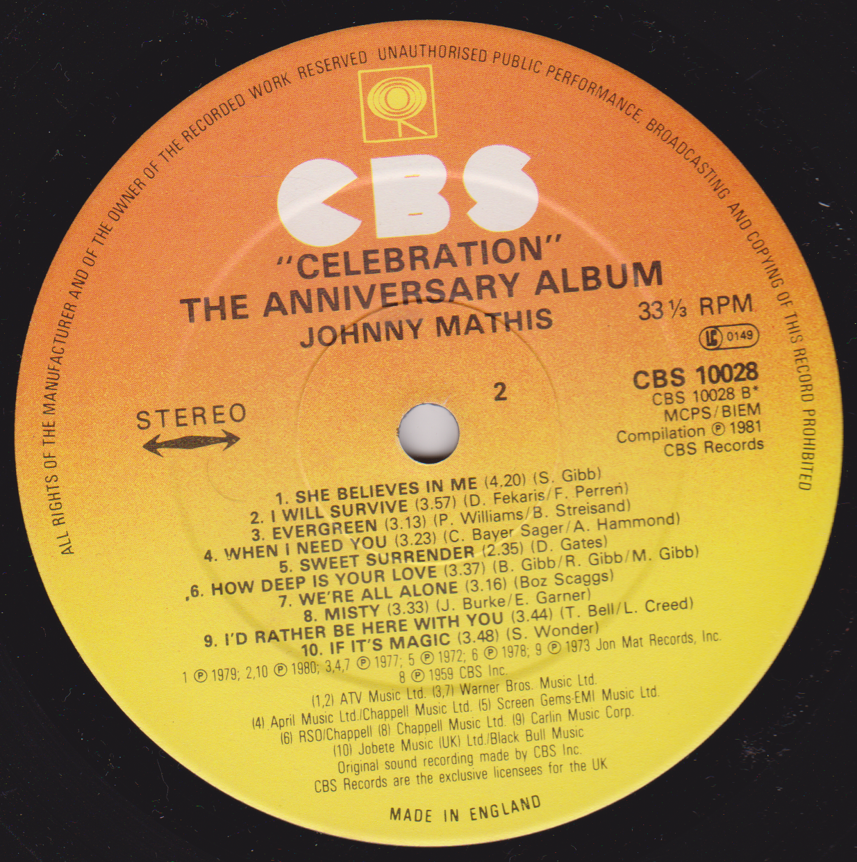 Johnny Mathis – Celebration (The Anniversary Album) (CBS 1981) 12" vinyl LP VG/VG