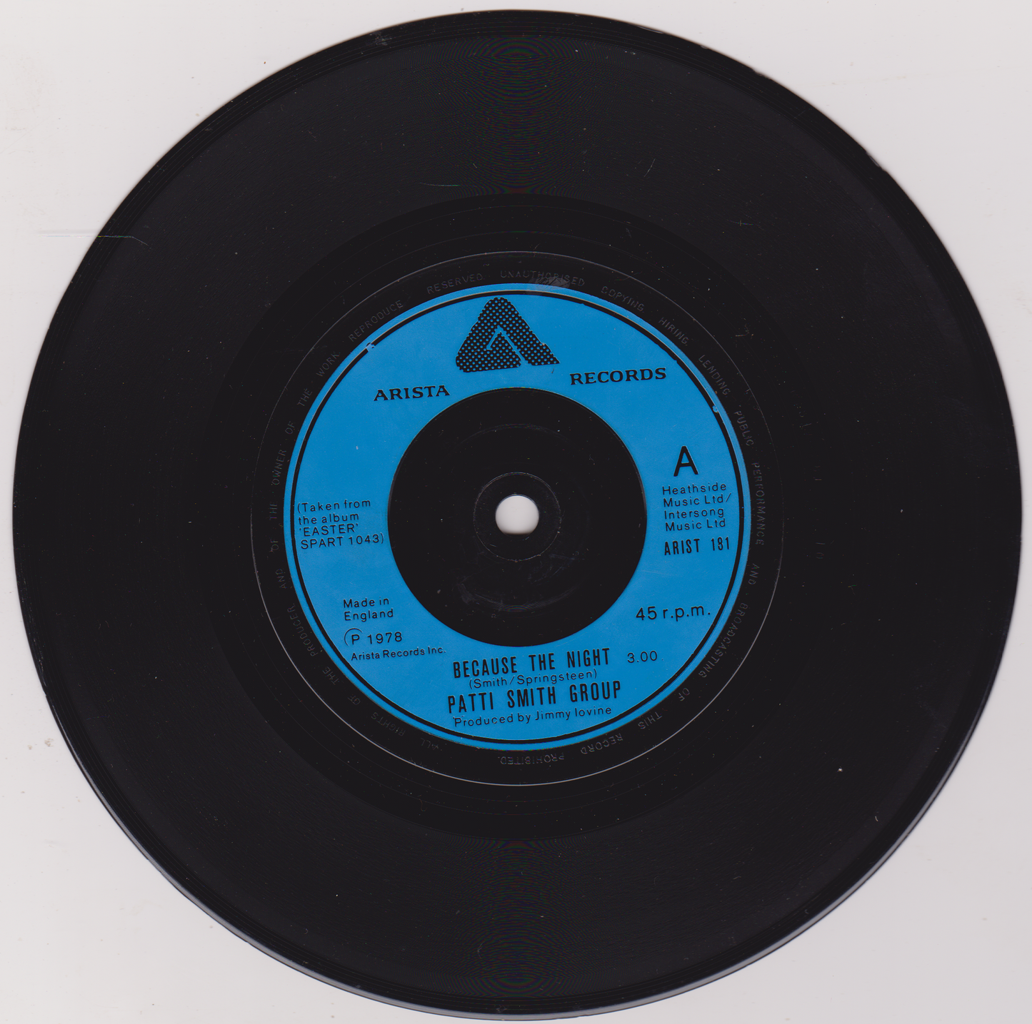 Patti Smith Group – Because The Night (Arista 1978) 7" vinyl single VG/-
