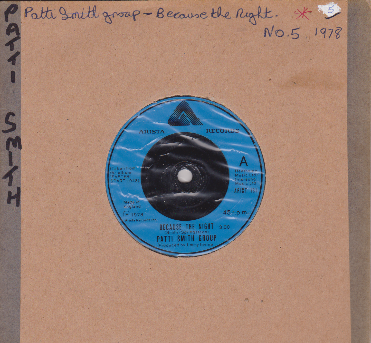 Patti Smith Group – Because The Night (Arista 1978) 7" vinyl single VG/-