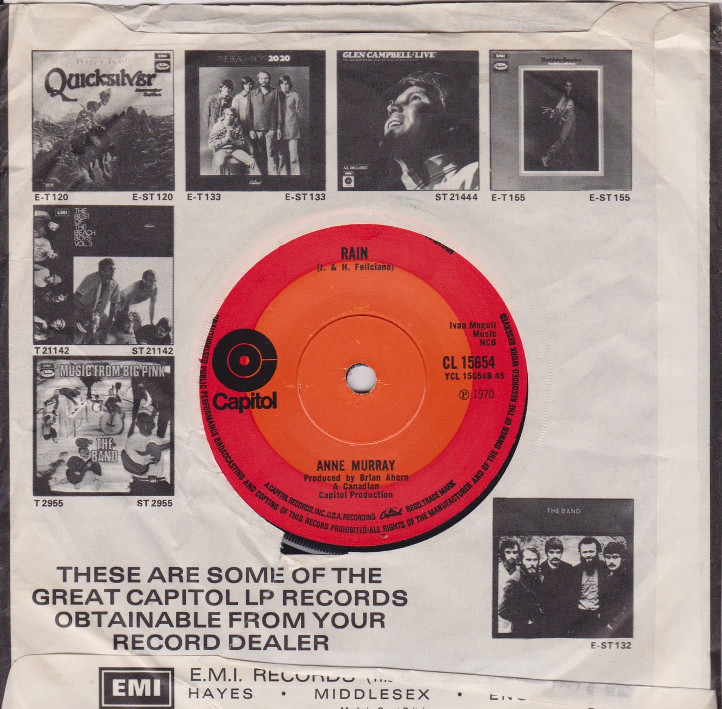 Anne Murray – Snowbird (Capitol 1970) 7" vinyl single VG/VG